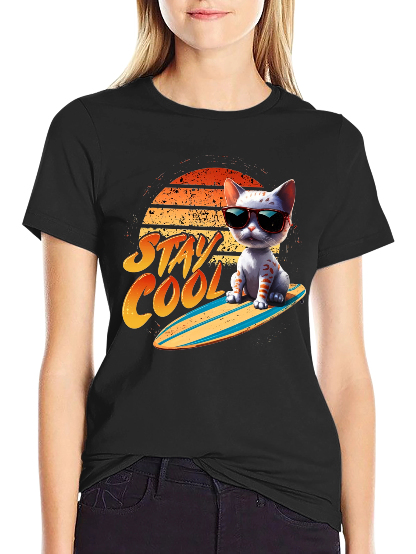 Black Cool Cat Surfboard T-Shirt view 2