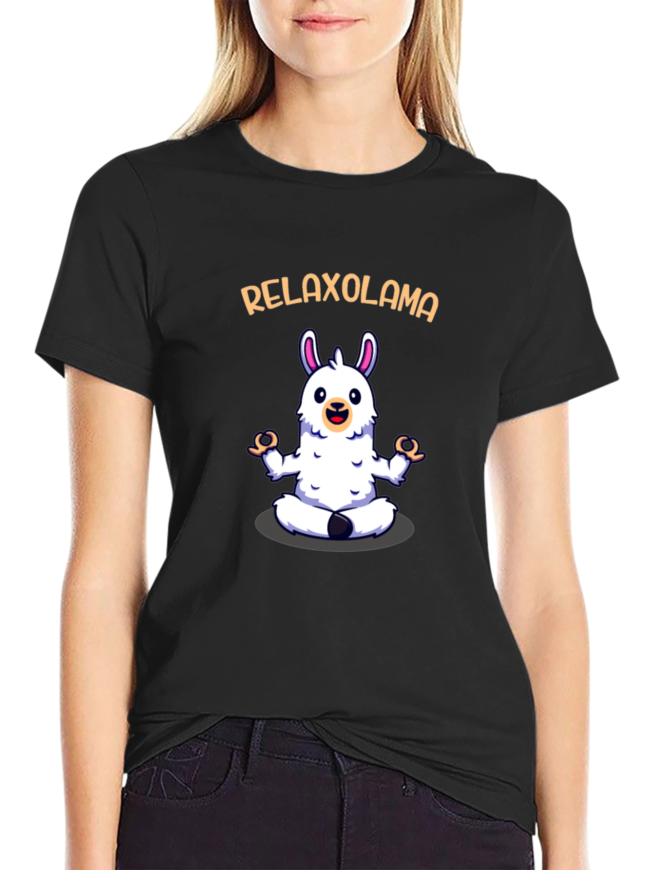 Black Relaxolama Yoga Meditation Black T-Shirt view 2