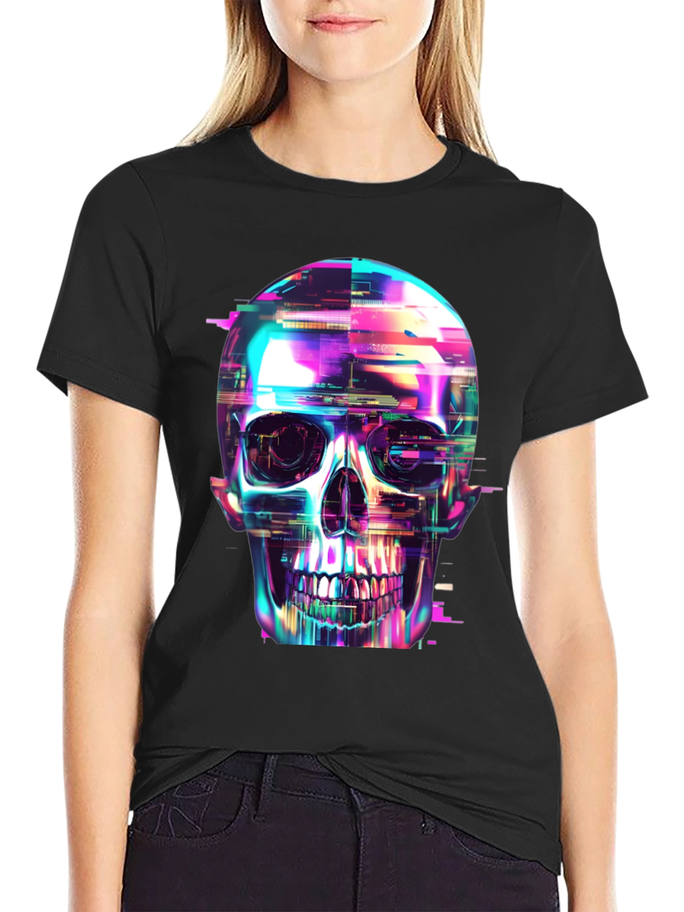 Black Cyberpunk Skull Graphic Tee - Black Cotton T-Shirt view 2