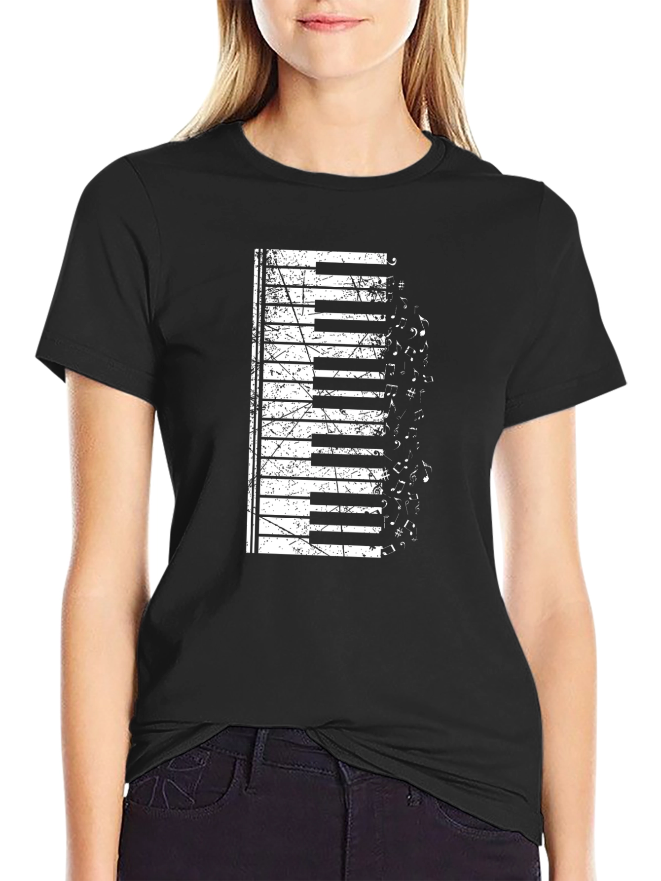 Black Piano Keys & Music Notes Graphic T-Shirt view 2