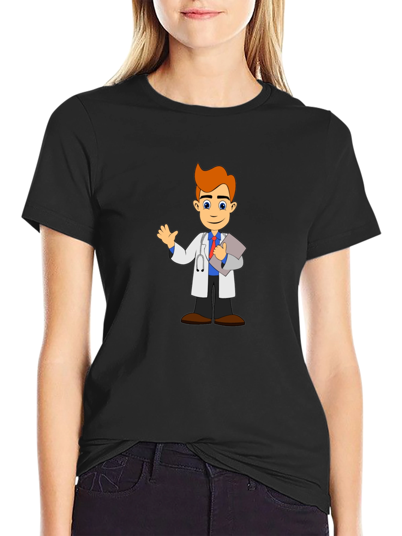Black Cartoon Doctor T-Shirt - Black Cotton Blend view 2