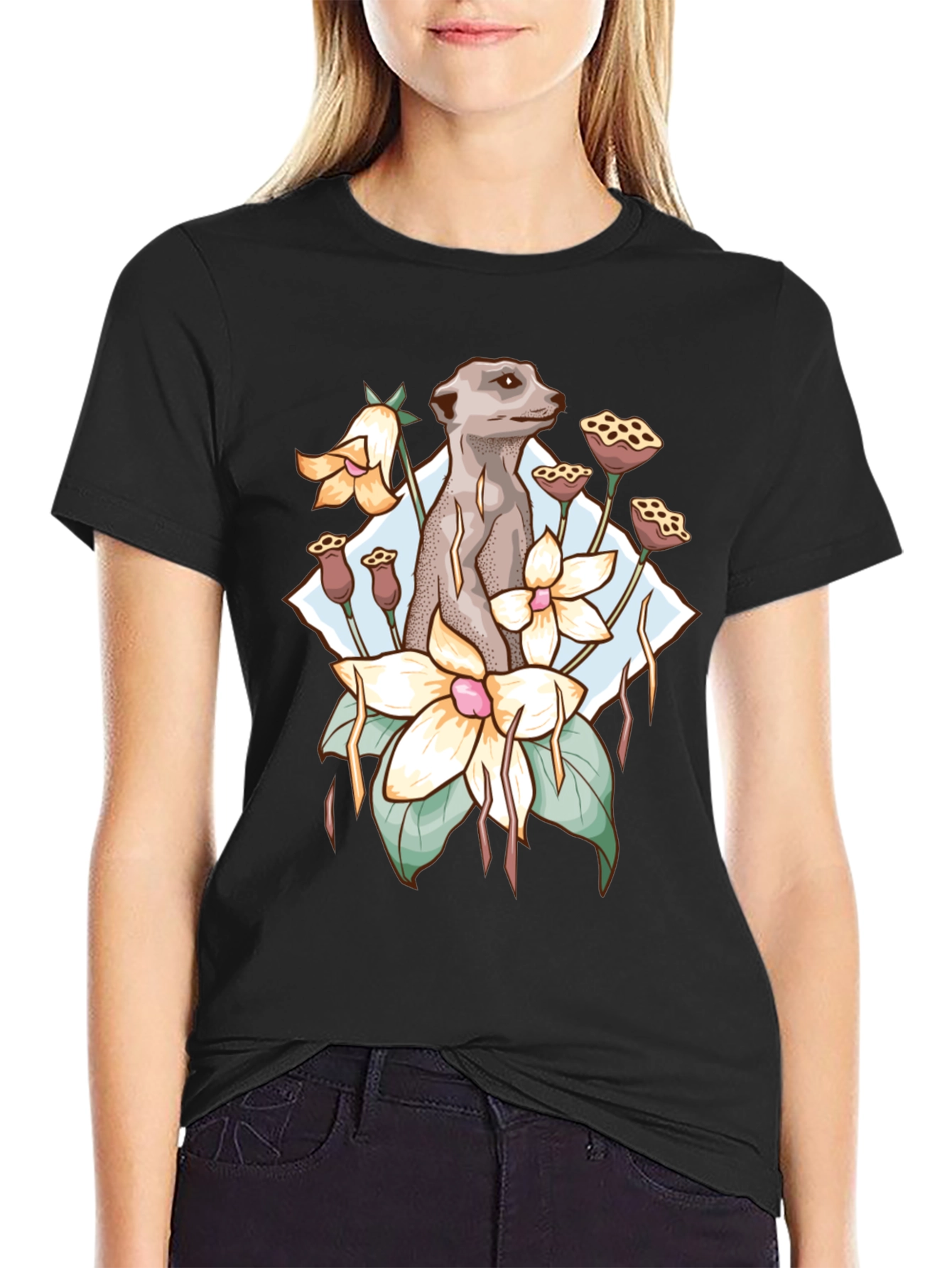 Black Meerkat & Floral Design Tee view 2