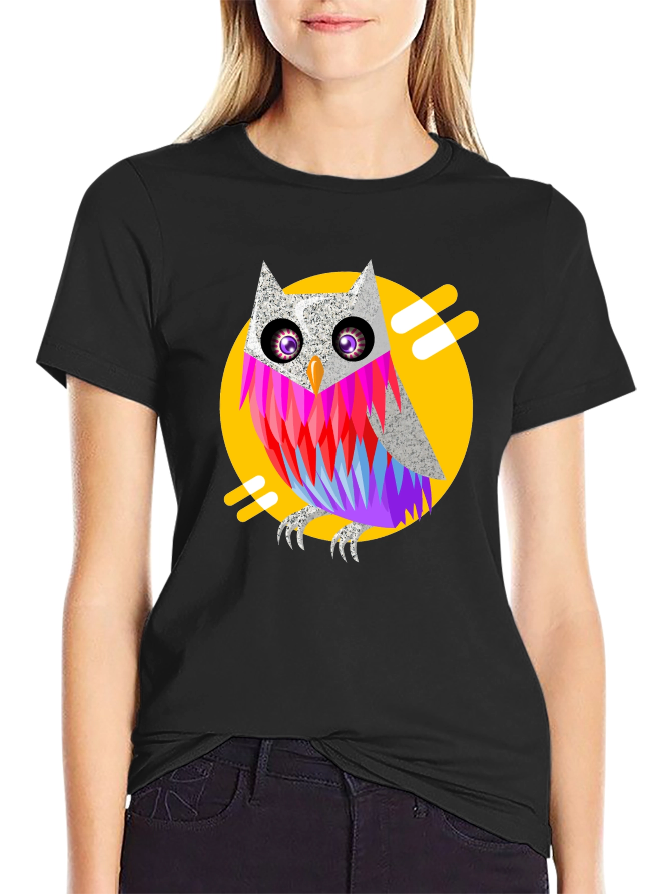 Black Cool Owl Graphic Print Black T-Shirt view 2
