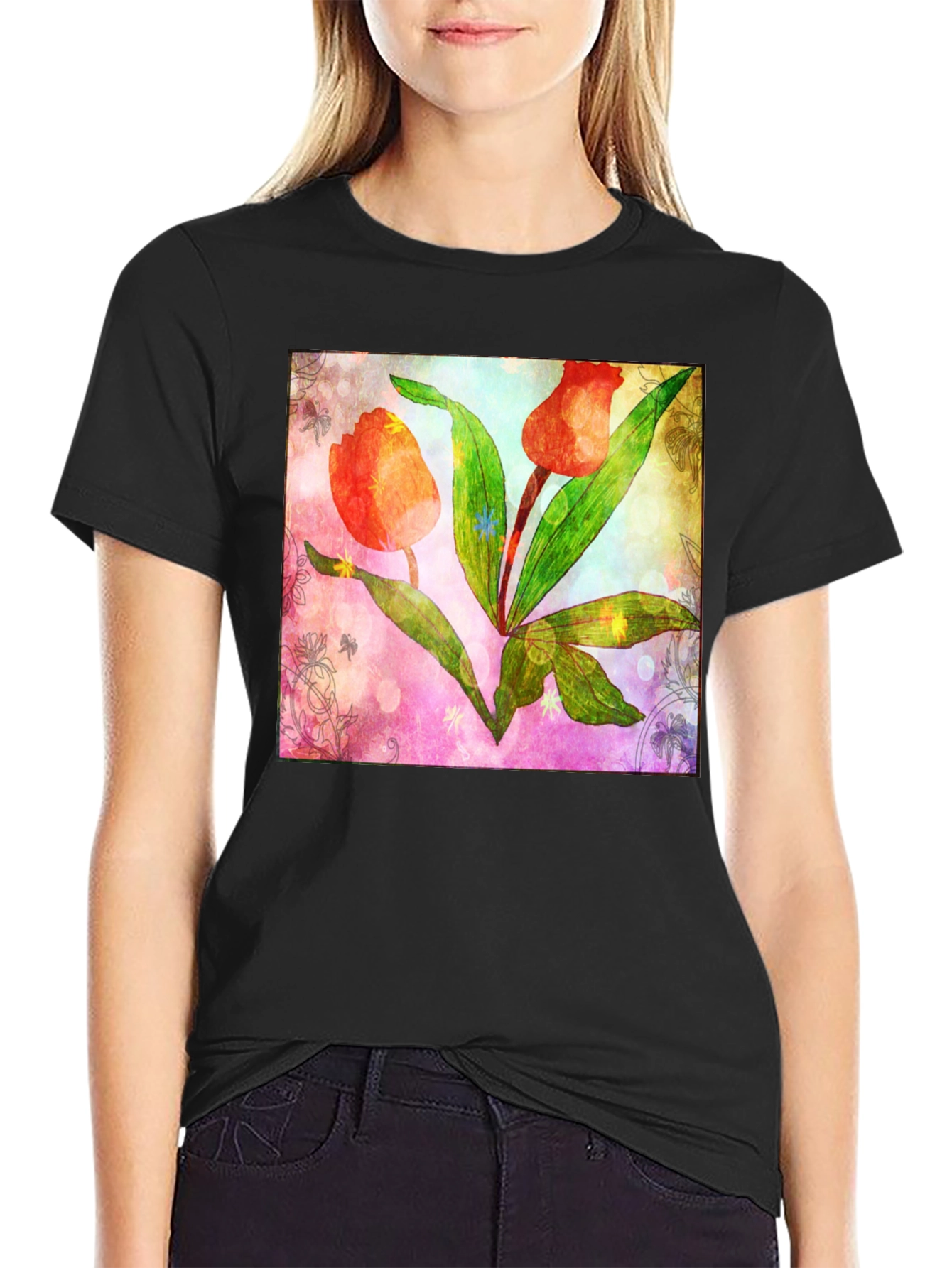 Black Floral Tulip Graphic T-Shirt view 2