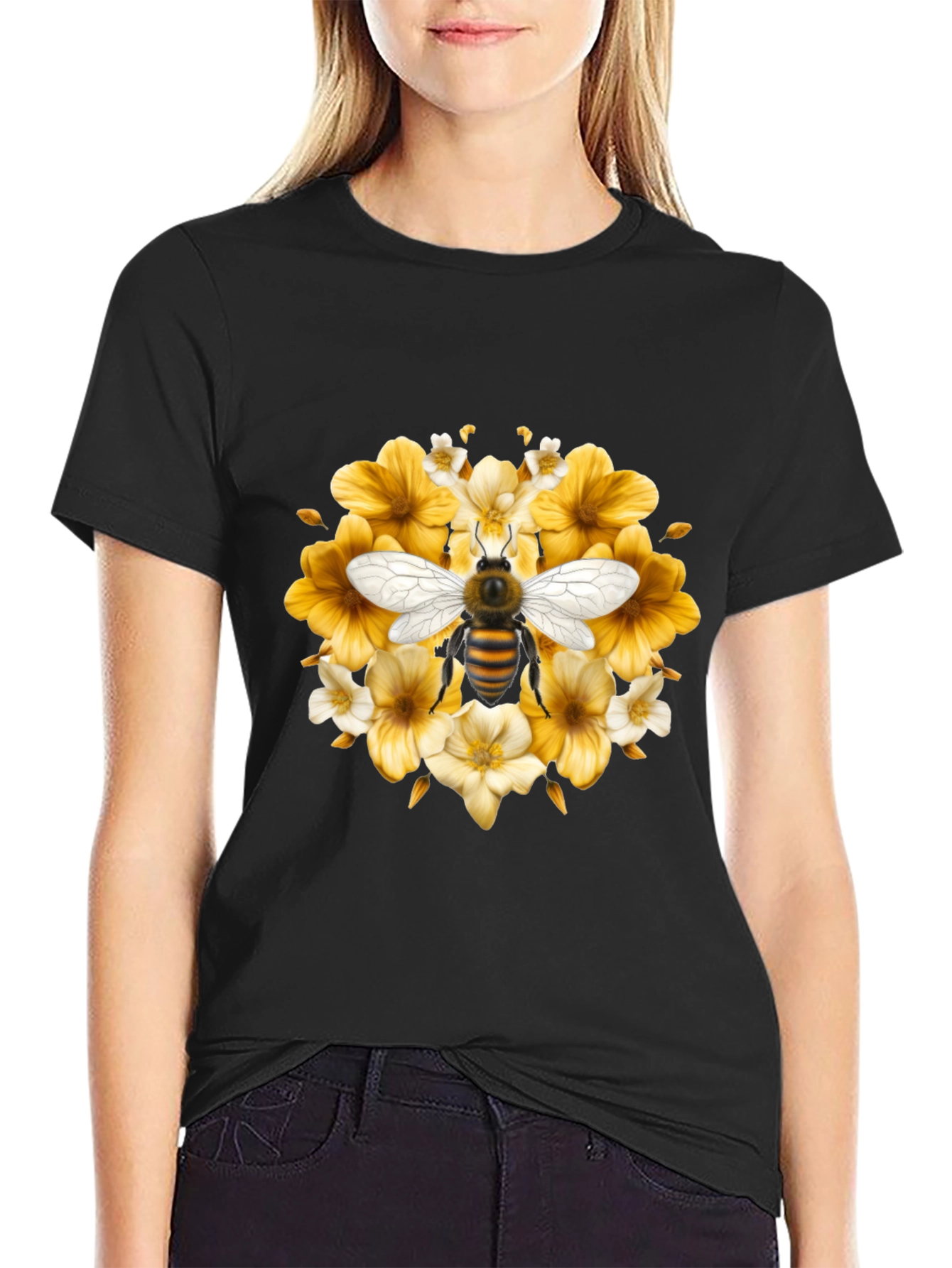 Black Bee & Floral Black T-Shirt view 2