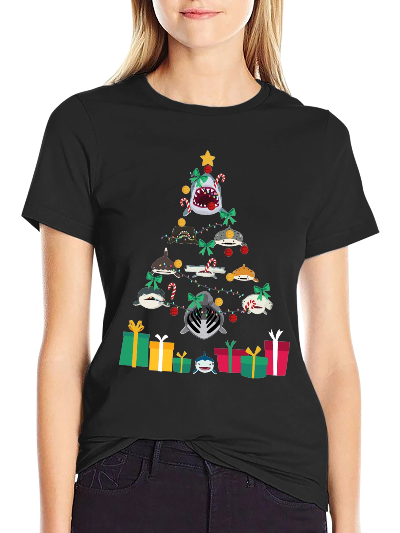 Black Shark Christmas Tree Black T-Shirt view 2