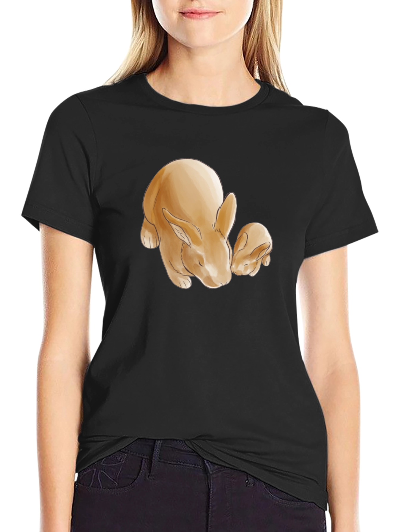 Black Cute Rabbit Print Black T-Shirt view 2