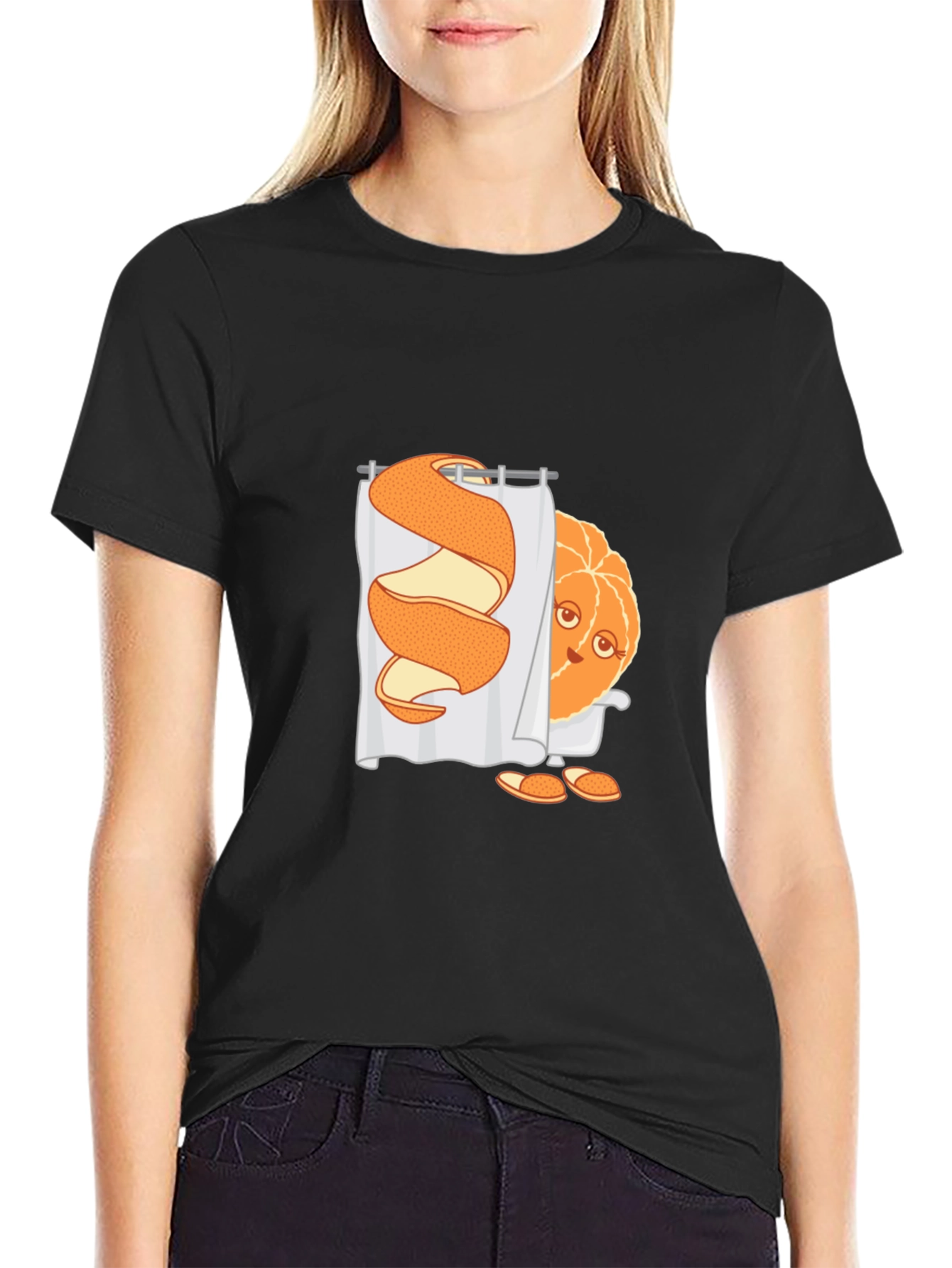 Black Funny Orange Peel Shower Cartoon Graphic T-Shirt view 2