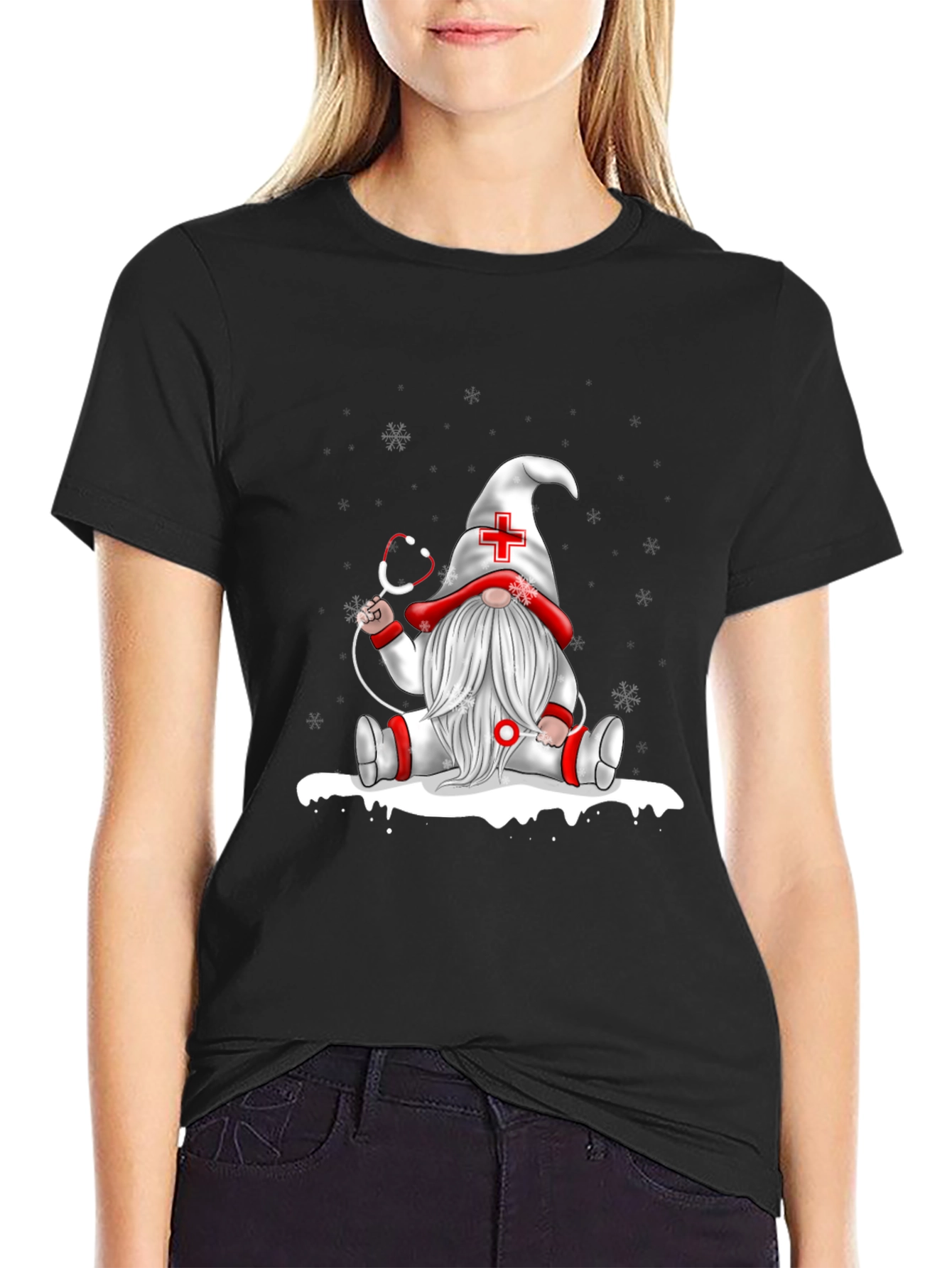 Black Nurse Gnome T-Shirt - Holiday Gift view 2