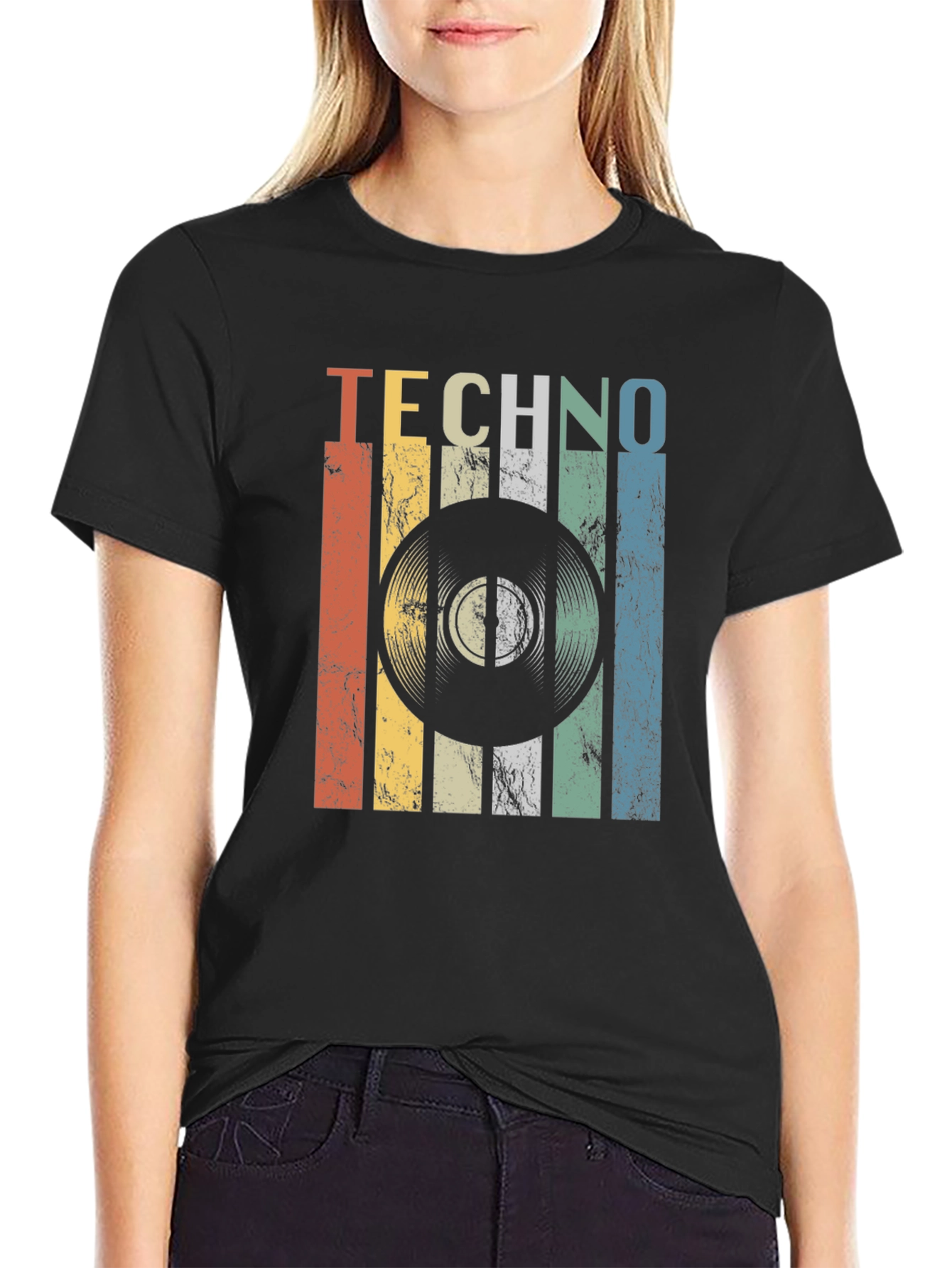 Black Retro Techno Record Graphic T-Shirt view 2