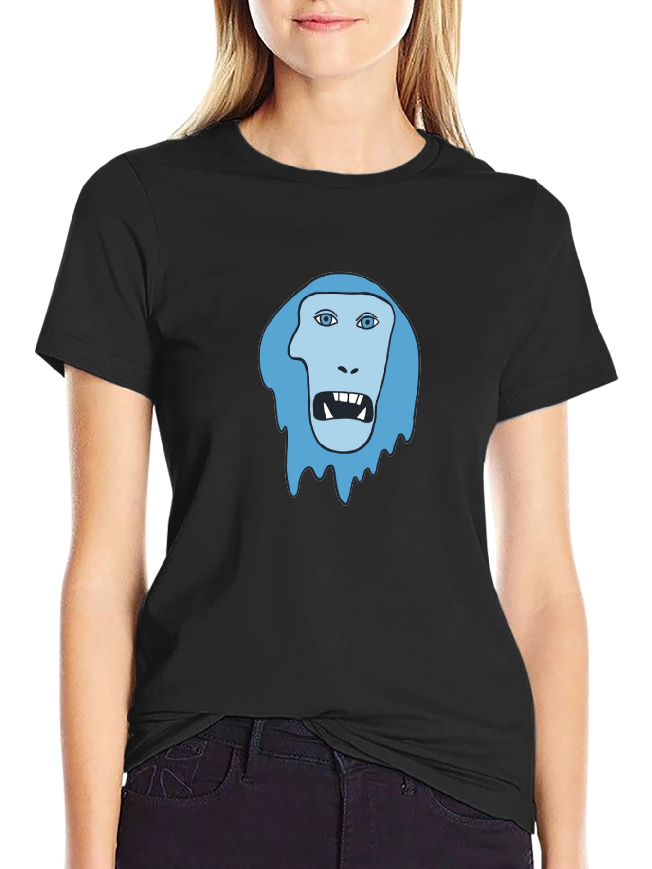 Black Men's Black T-Shirt - Blue Monster Face Graphic view 2