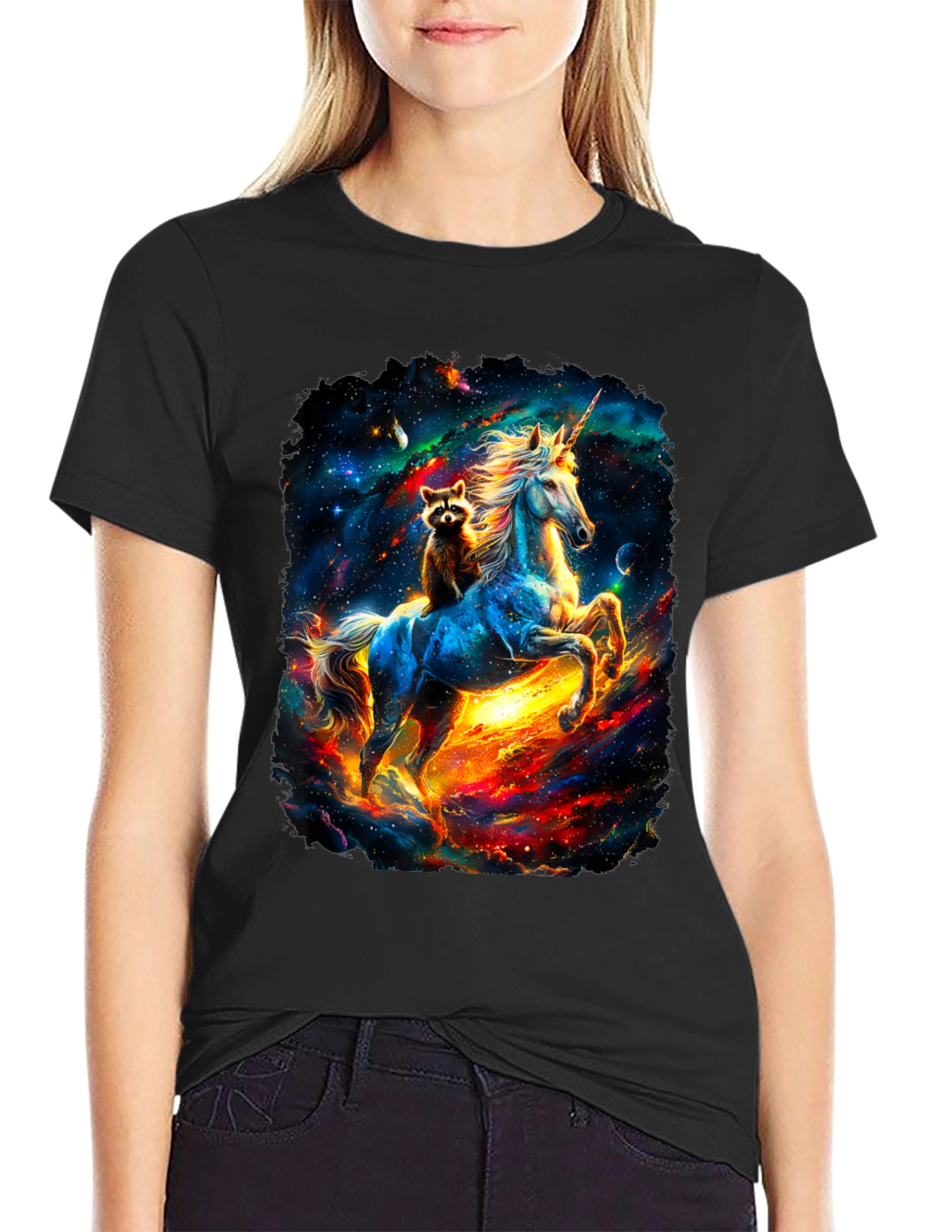 Black Cosmic Unicorn & Raccoon Graphic Tee view 2