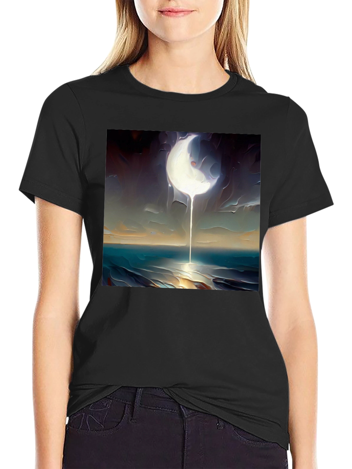 Black Abstract Moonscape Graphic Tee - Black Cotton Casual view 2