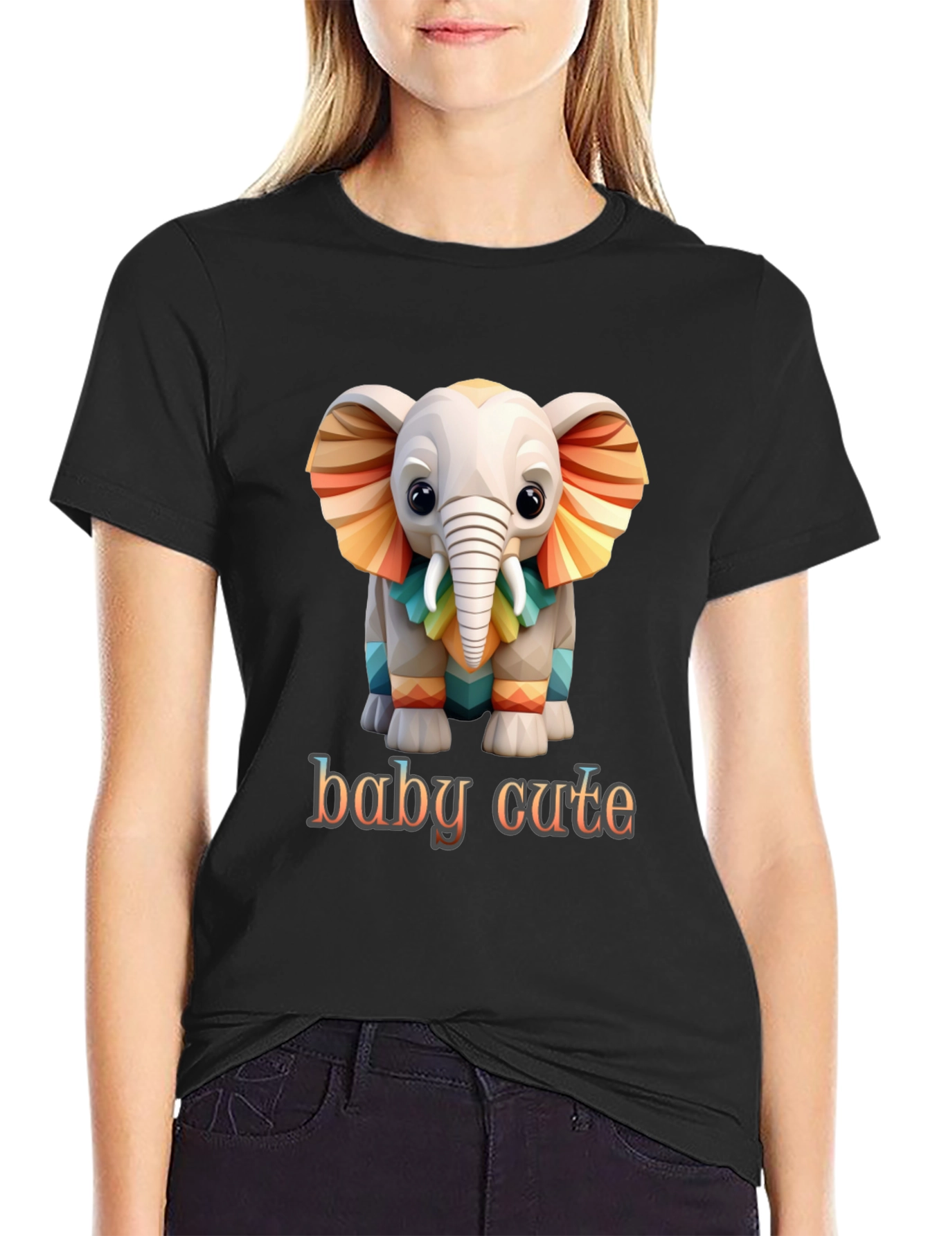 Black Cute Baby Elephant Graphic Tee - Soft Cotton Comfort view 2
