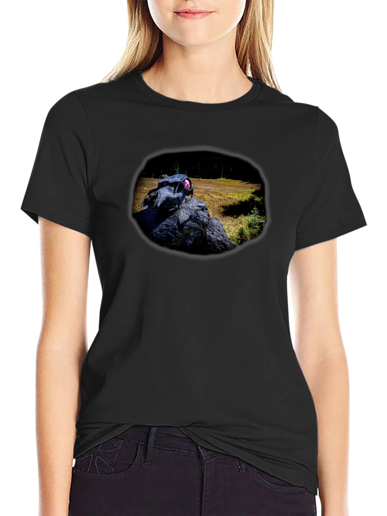 Black Black Skull & Nature Print T-Shirt view 2