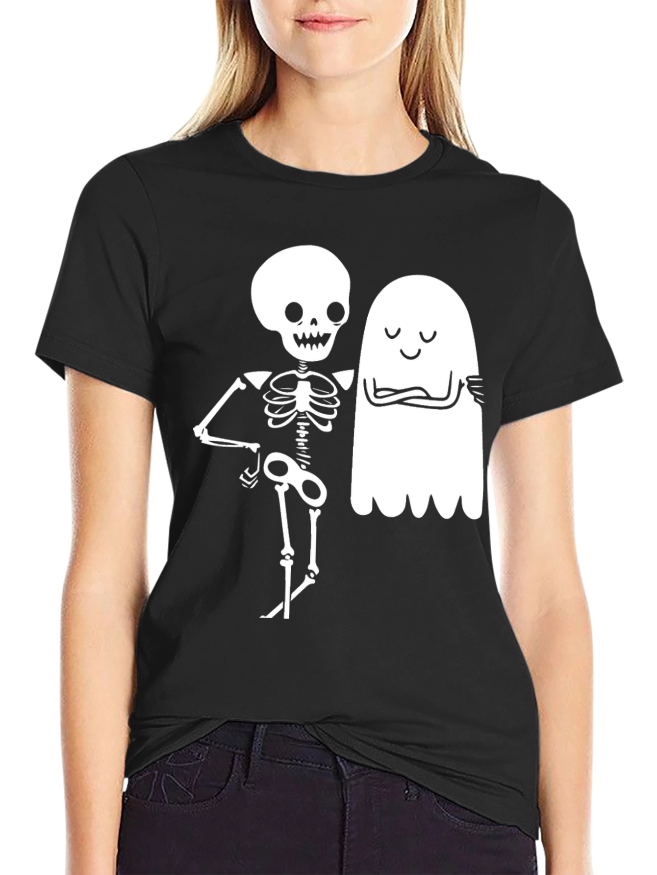 Black Spooky Season Skeleton & Ghost Graphic Tee view 2