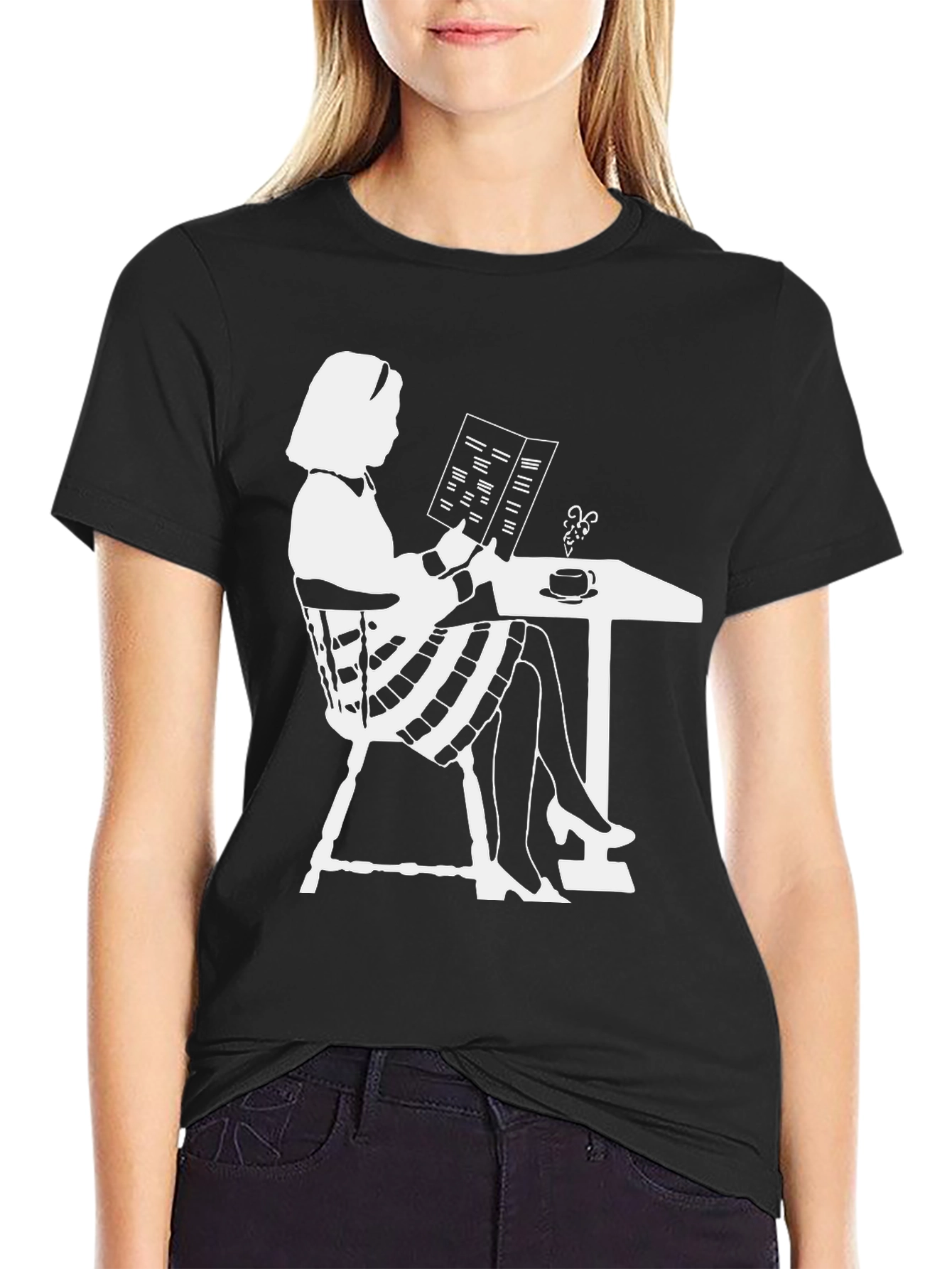 Black Chic Silhouette Tee: Woman Reading at Cafe view 2