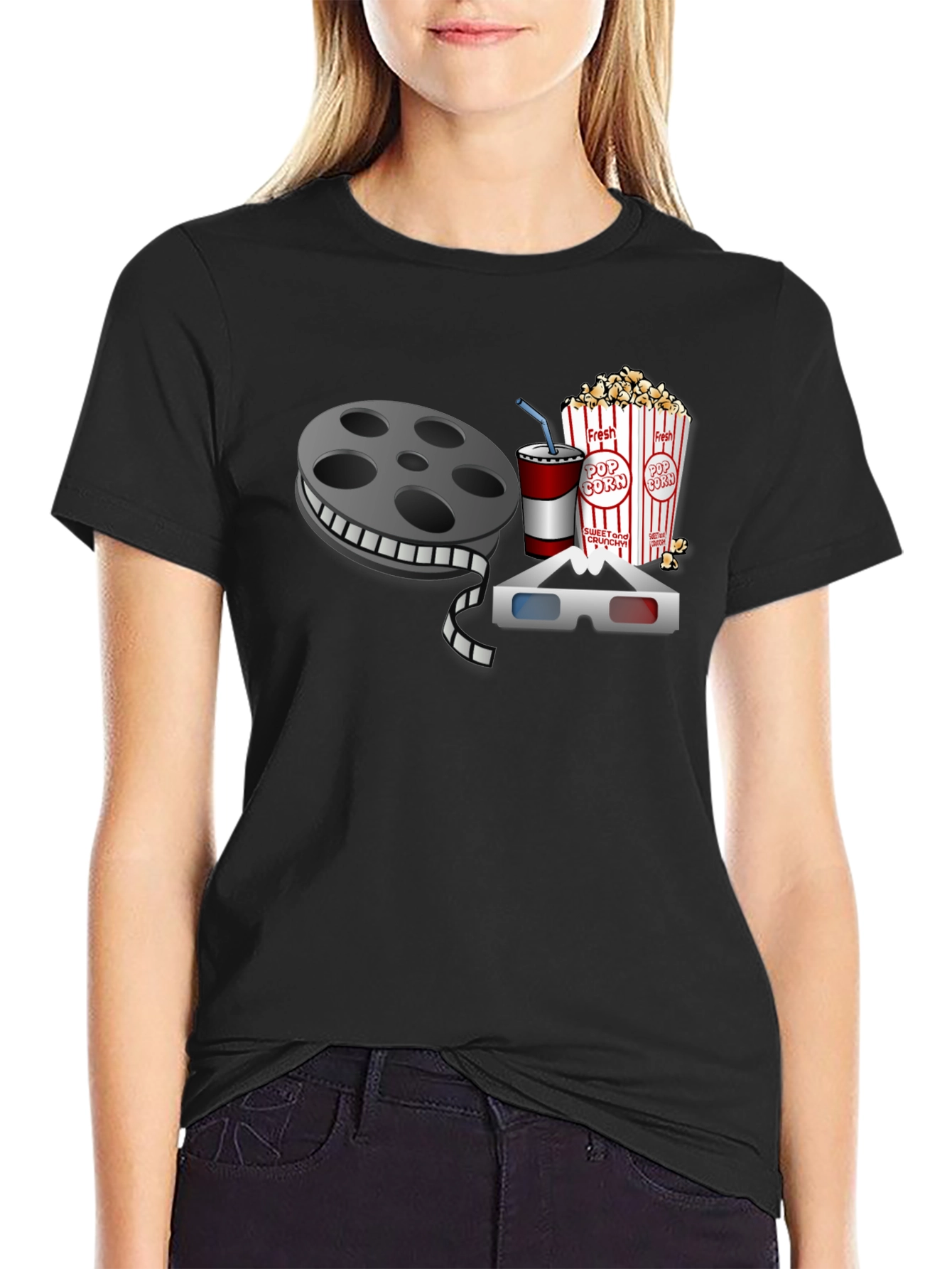 Black Movie Night T-Shirt: Reel, Popcorn, Soda & 3D Glasses view 2