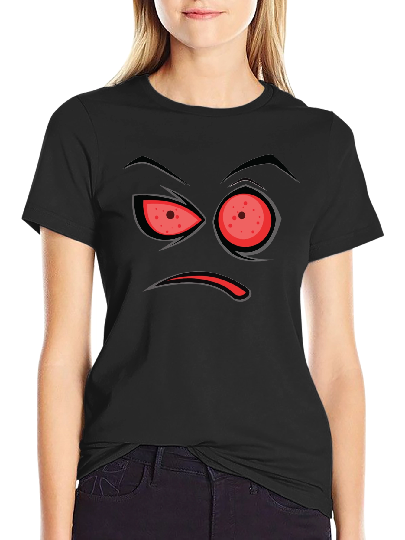 Black Men's Black T-Shirt with Angry Face Design view 2