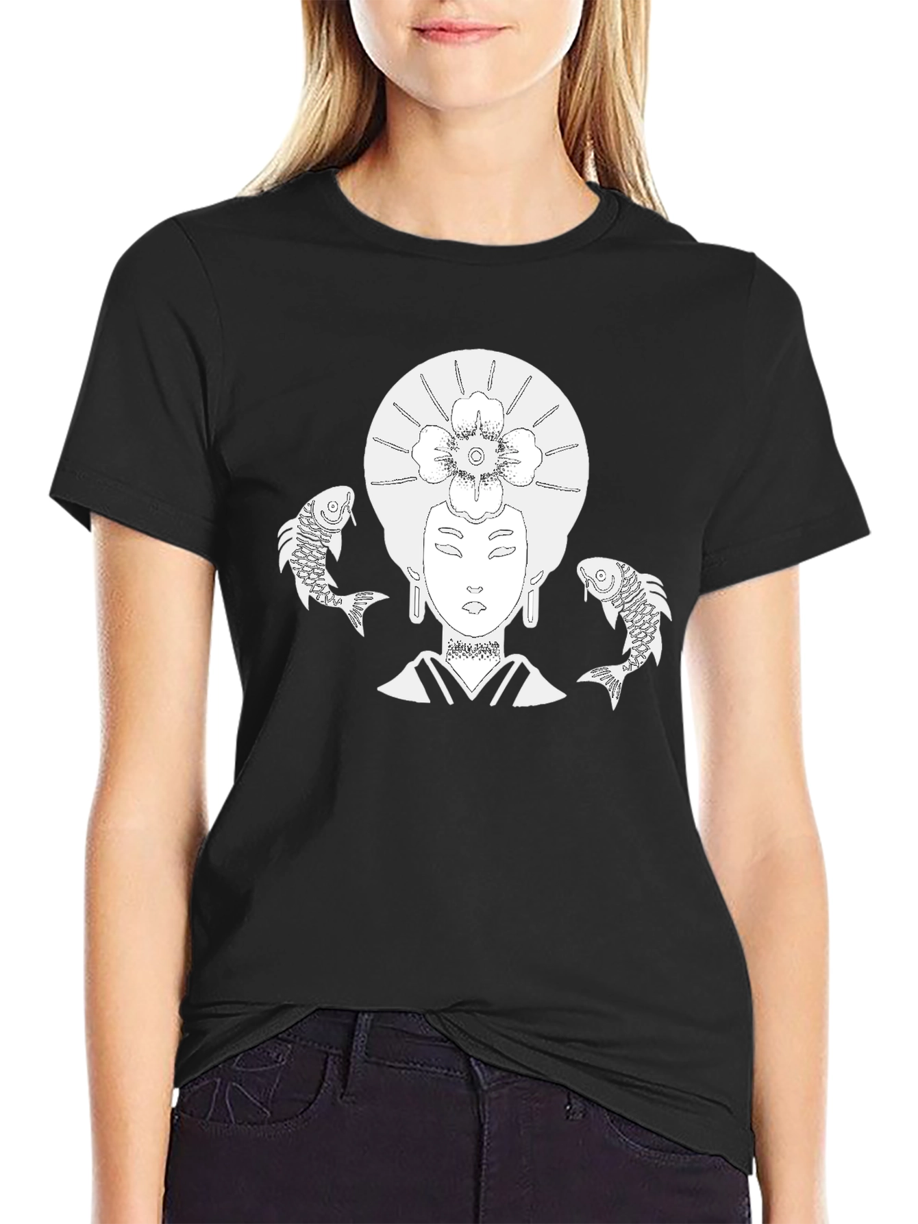 Black Koi Fish Geisha Graphic T-Shirt - Black view 2