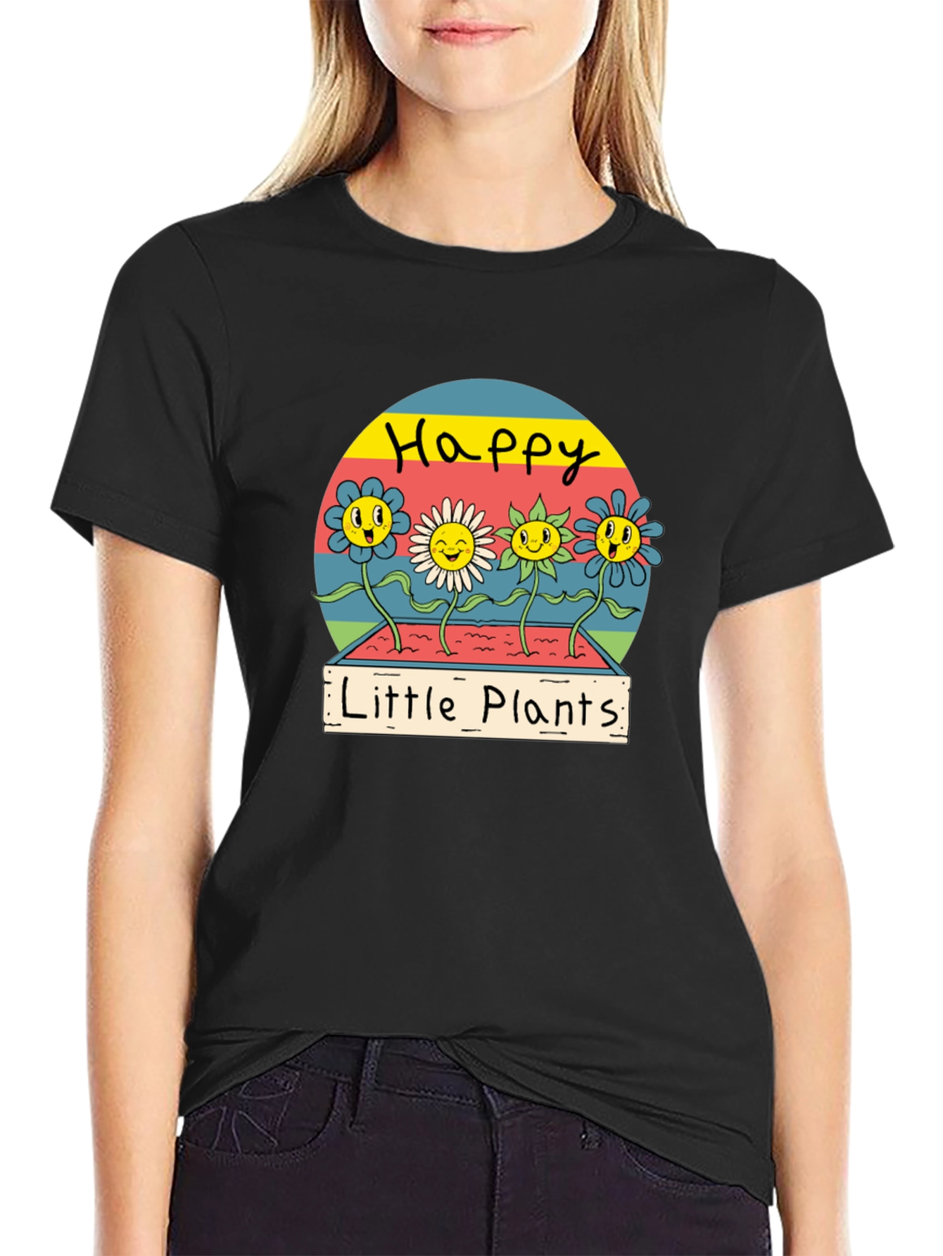 Black Happy Little Plants Graphic Tee - Trendy Unisex T-Shirt view 2