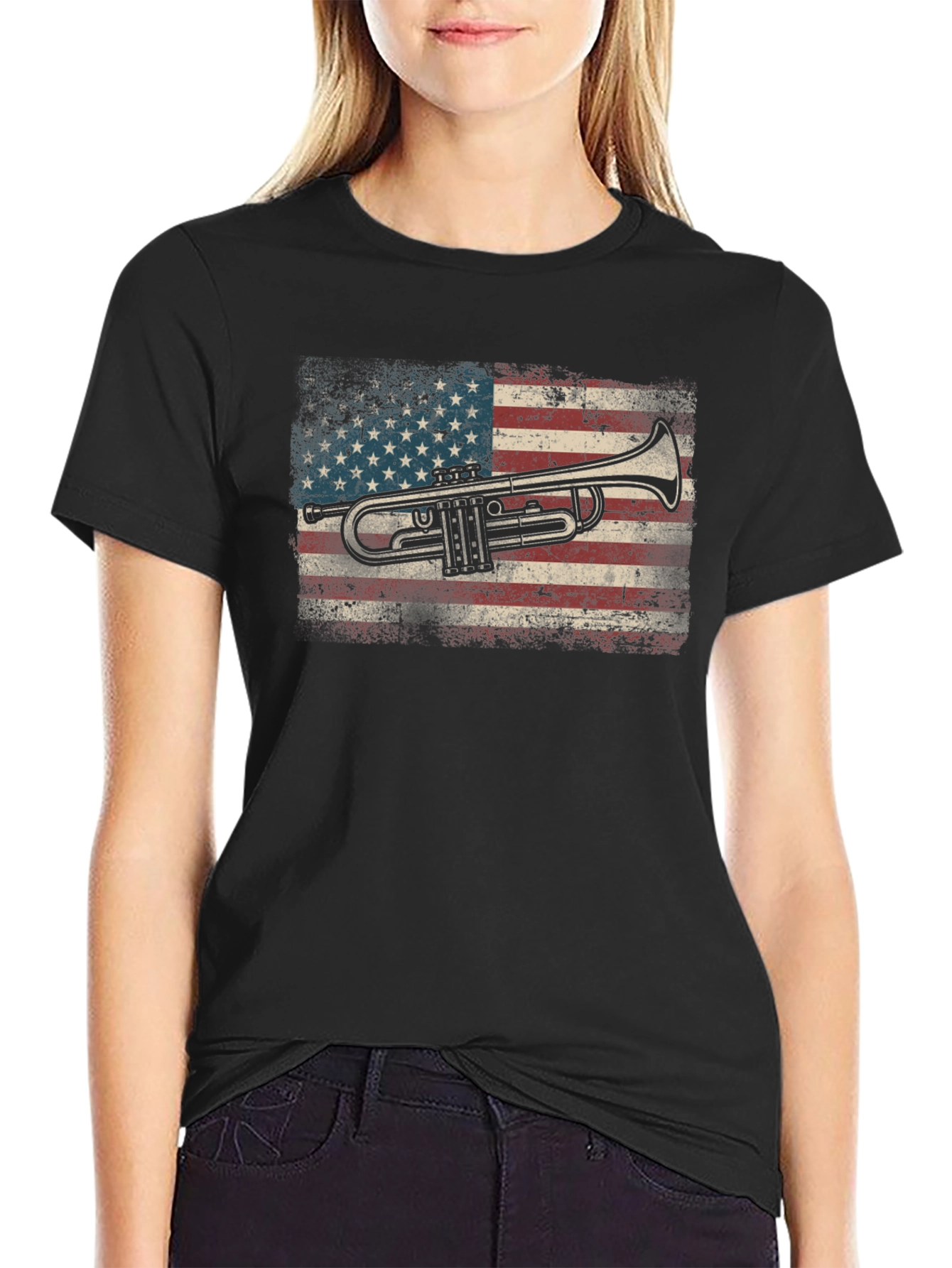 Black Trumpet USA Flag Graphic Tee - Black Cotton T-Shirt view 2