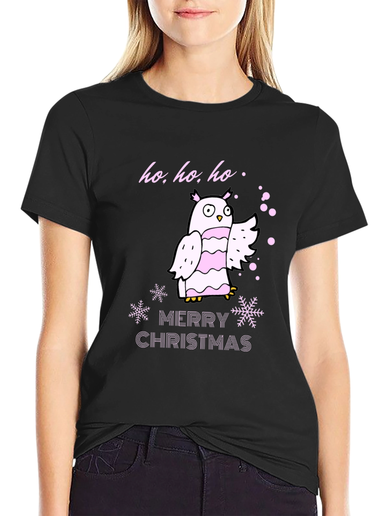Black Festive Owl Christmas T-Shirt view 2