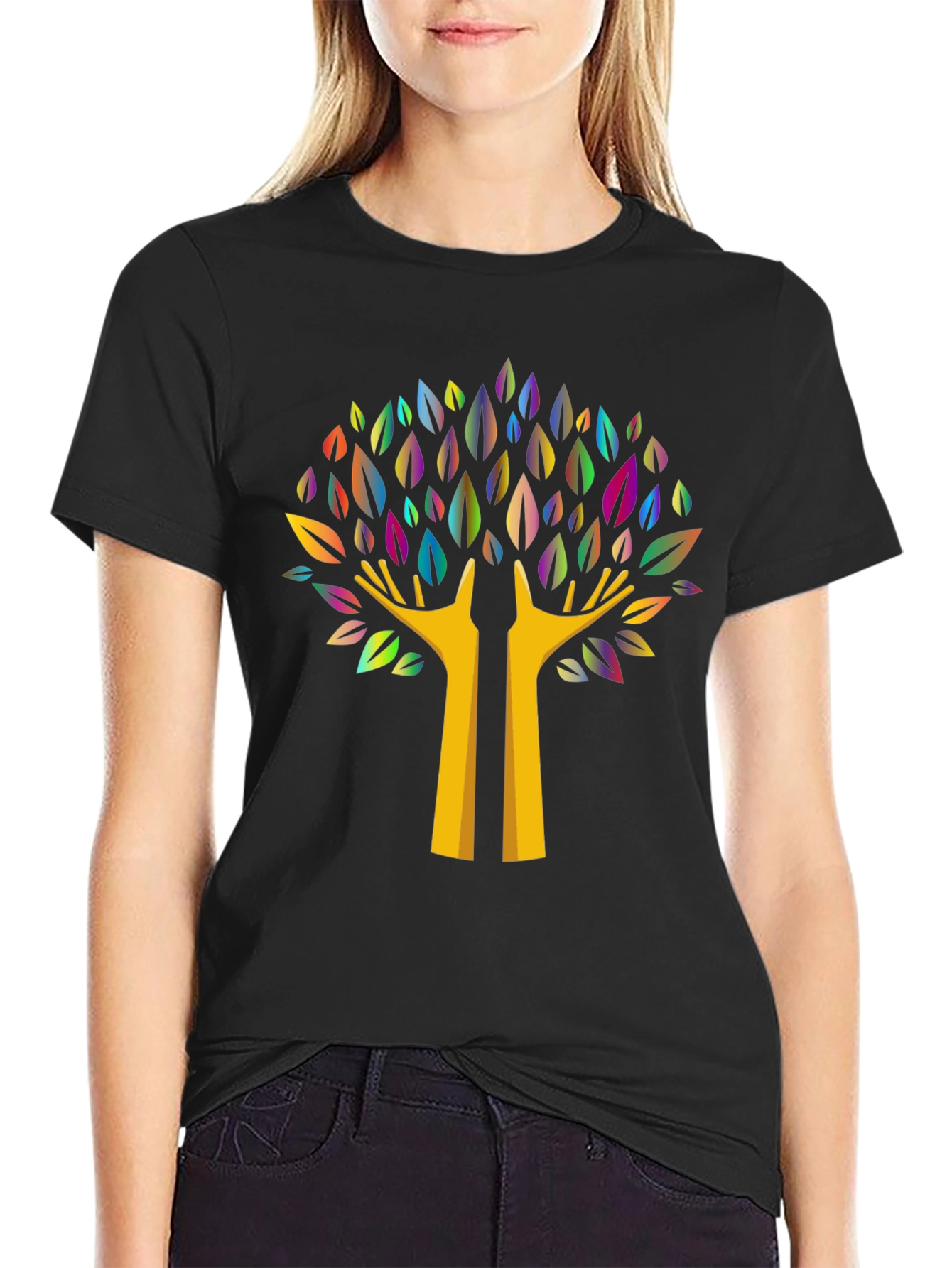 Black Colorful Tree Graphic Black T-Shirt view 2