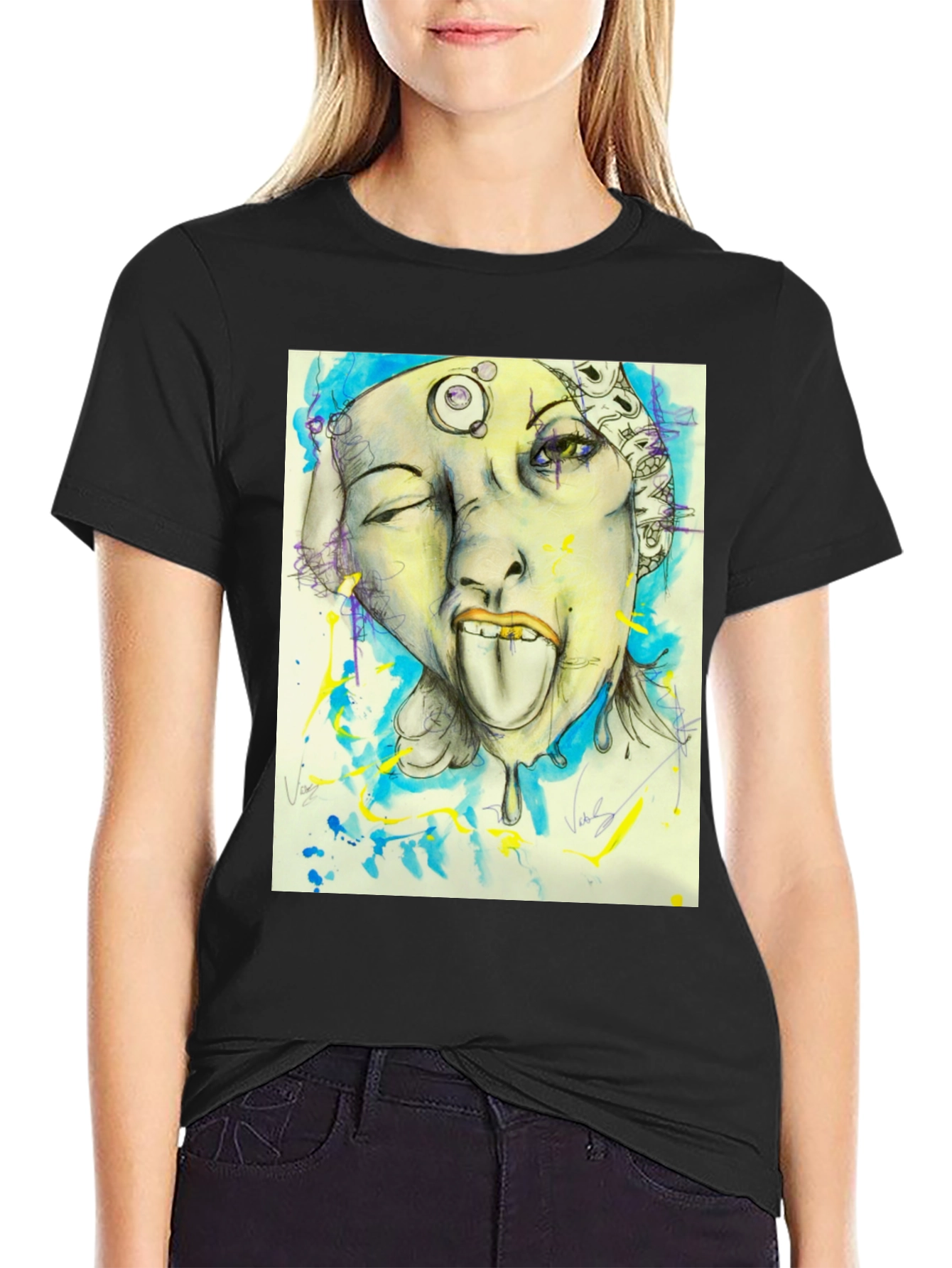 Black Unique Graphic Print Black Tee view 2