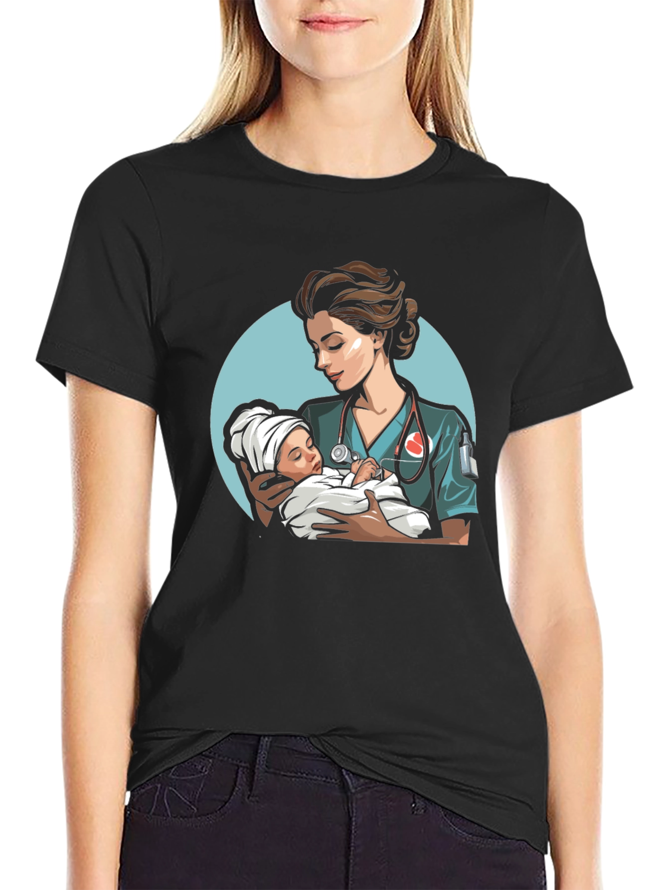 Black Nurse & Baby Graphic Tee - Black Cotton T-Shirt view 2
