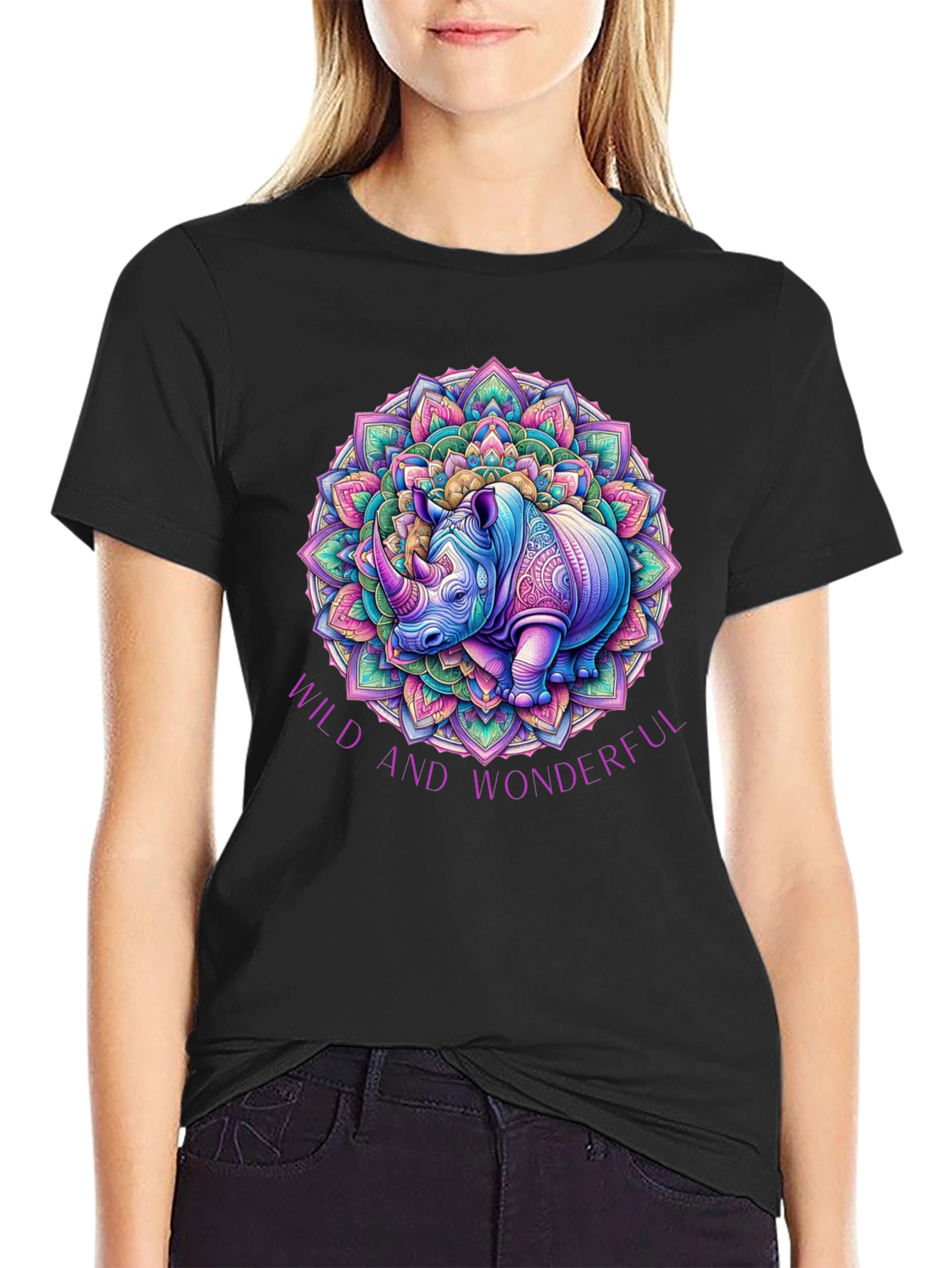 Black Wild and Wonderful Rhino Mandala T-Shirt view 2