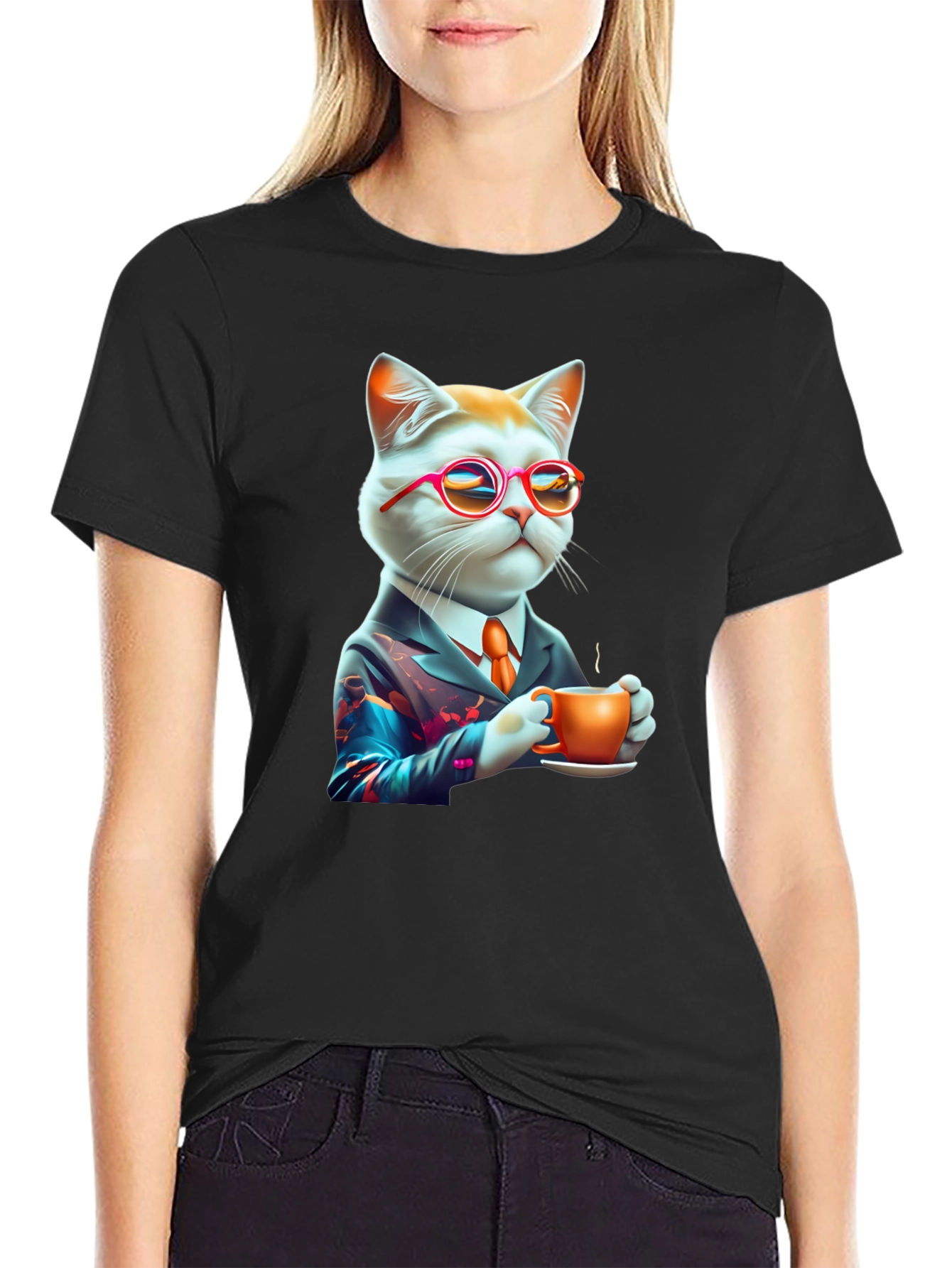 Black Cool Cat T-Shirt - Cat with Coffee view 2