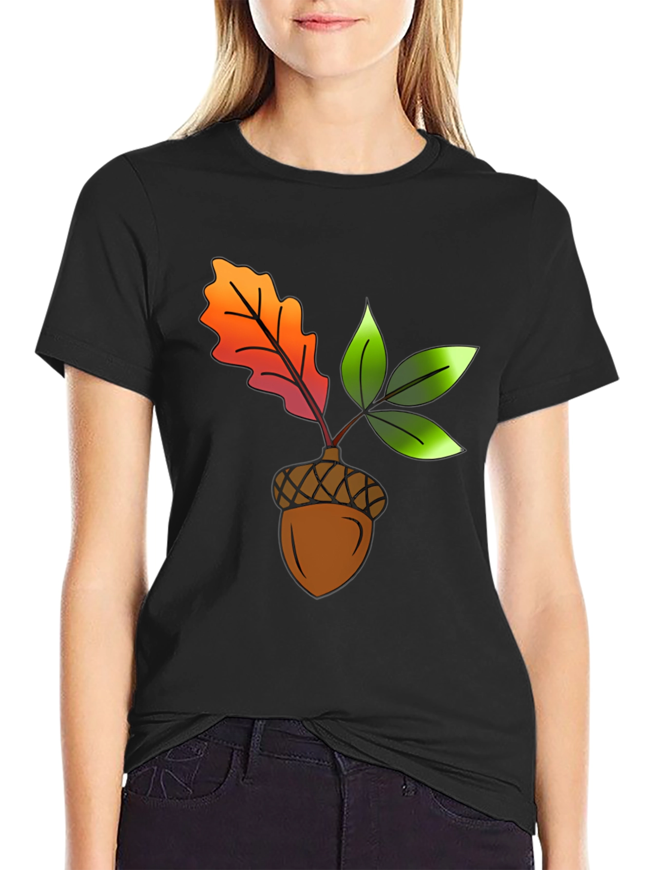 Black Acorn & Leaves Graphic T-Shirt view 2