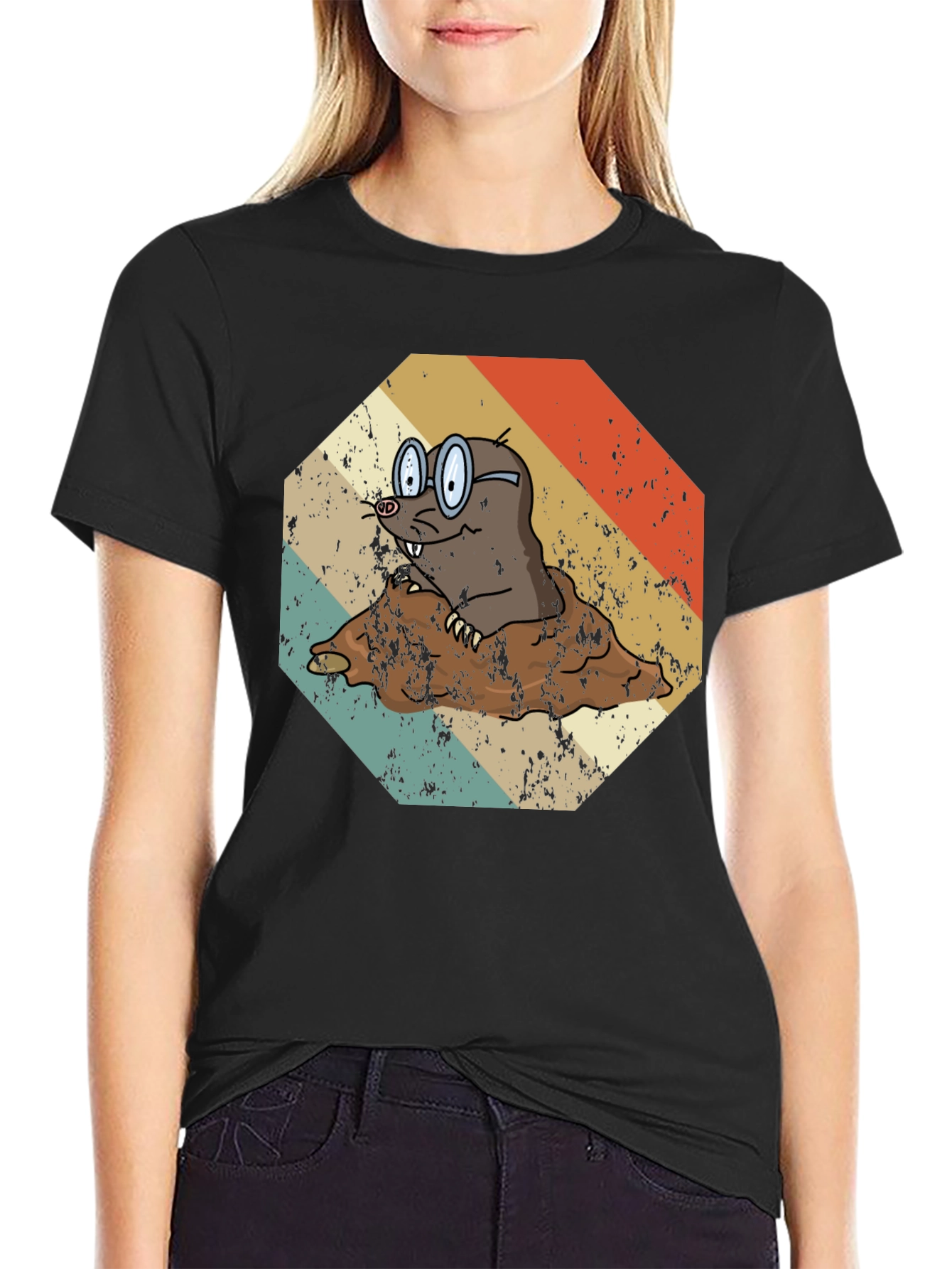 Black Retro Mole T-Shirt: Funny Cartoon Animal Graphic Tee view 2