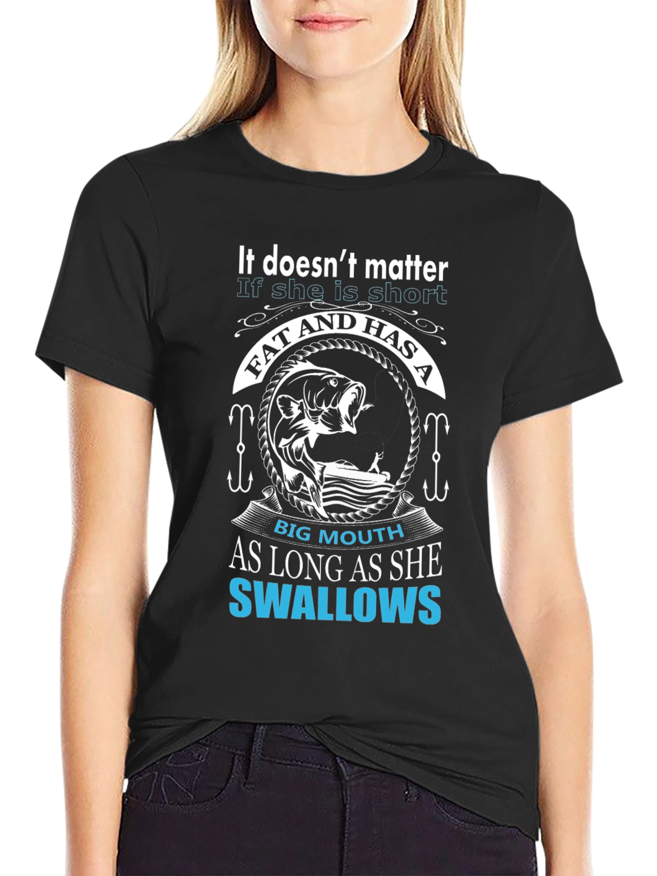 Black Fishing Humor T-Shirt -  Big Mouth Swallows Tee view 2
