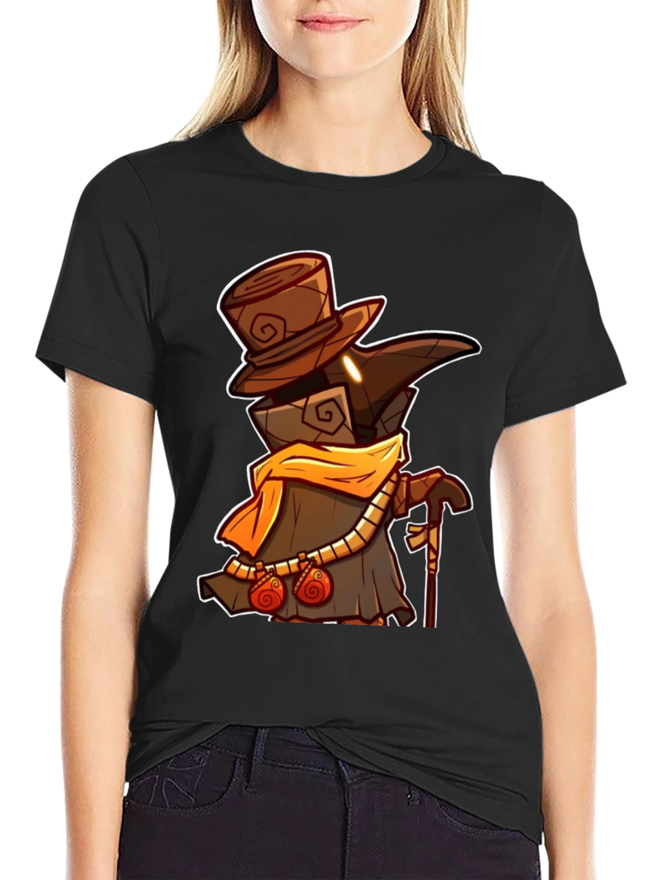 Black Plague Doctor Cartoon Graphic T-Shirt - Black view 2