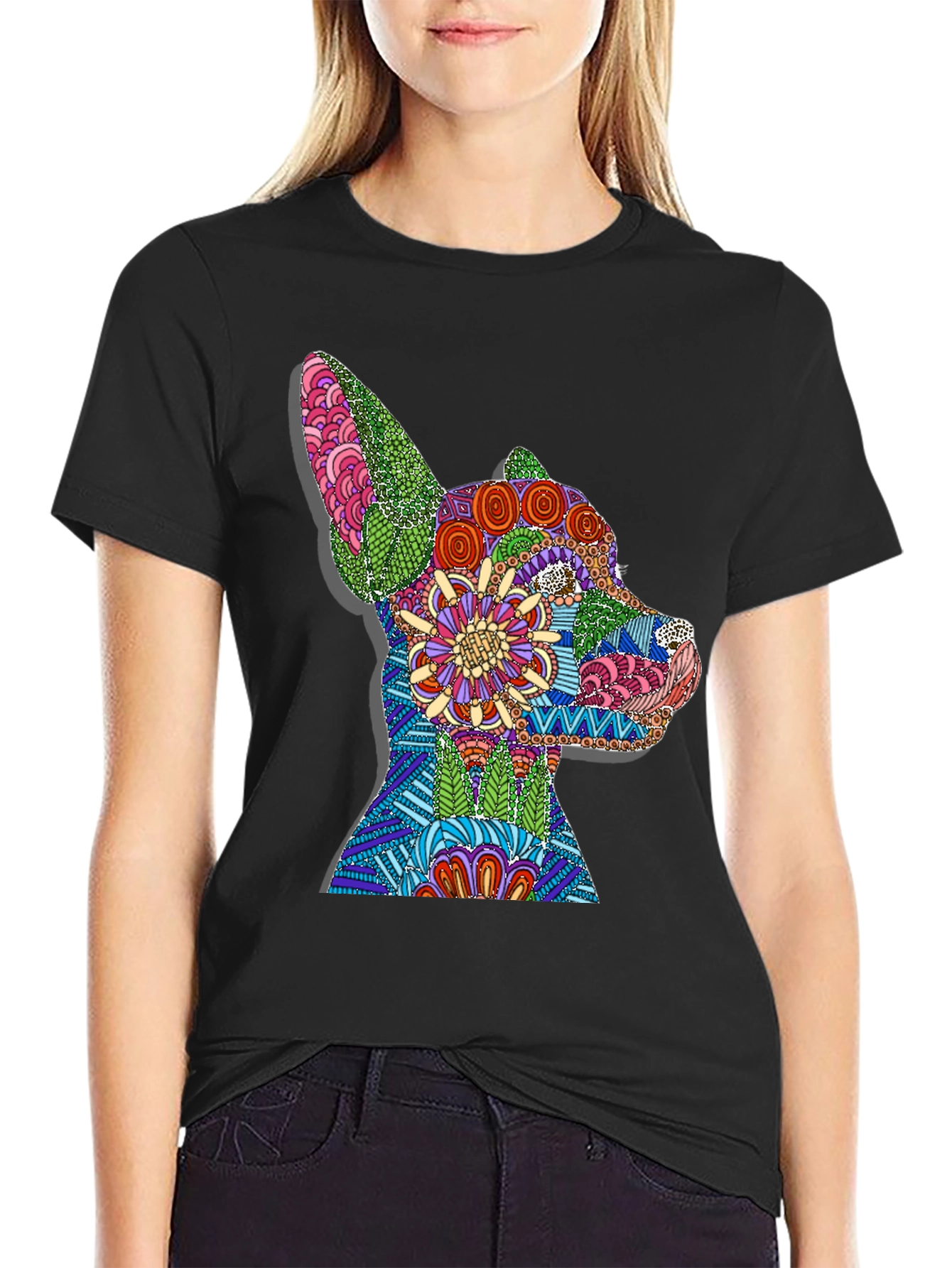Black Dog Mandala Graphic Print T-Shirt - Black view 2