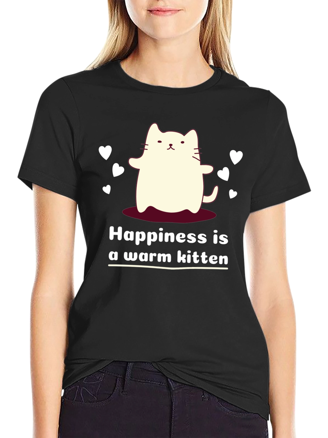Black Cute Kitten Happiness Graphic Tee - Soft Comfort Fit view 2