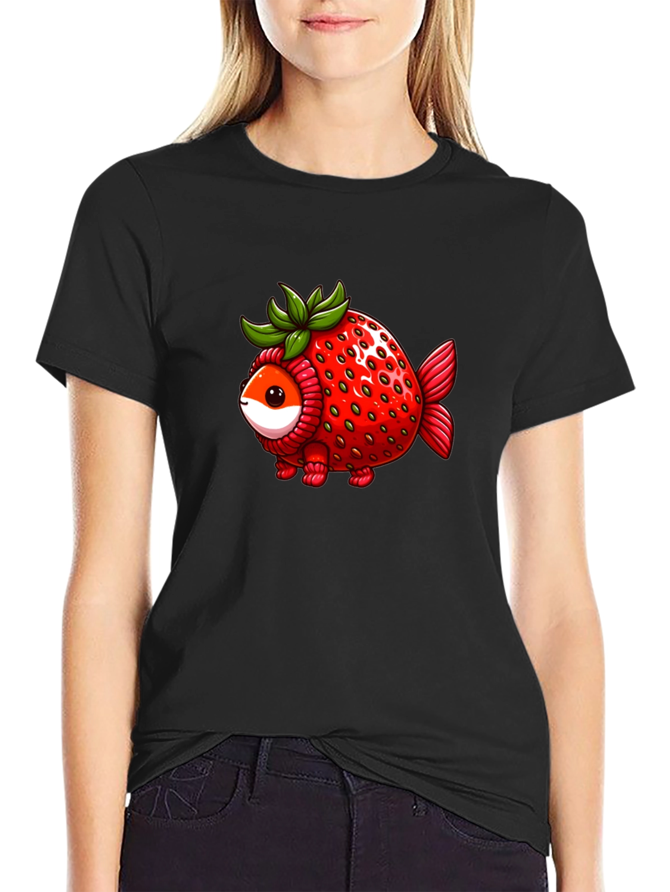 Black Strawberry Fish T-Shirt - Unique Graphic Tee view 2