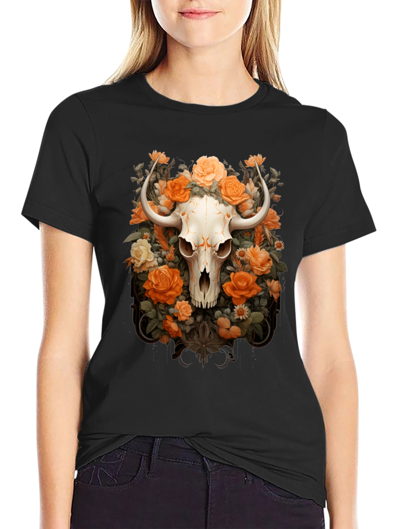 Black Floral Skull Graphic Tee - Unique Design view 2