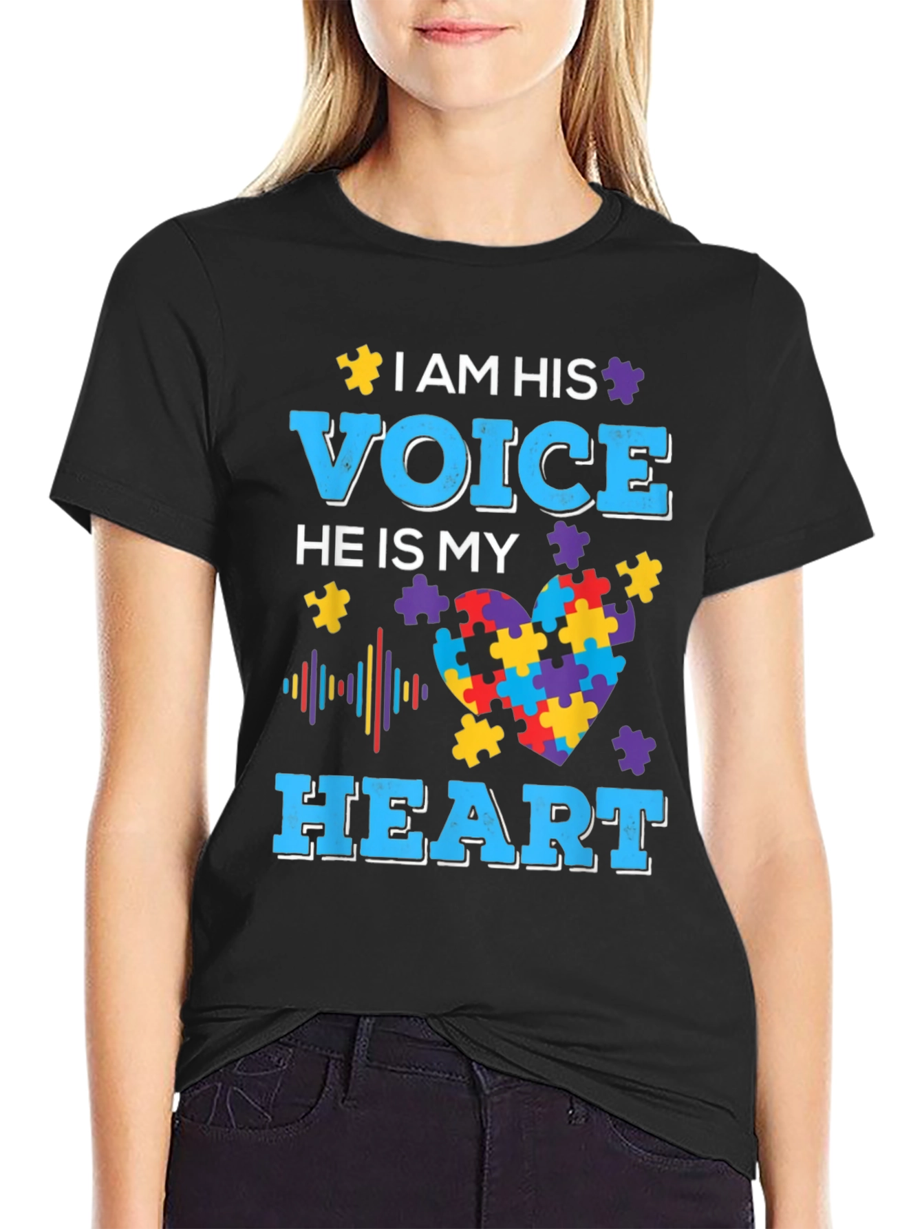Black Autism Awareness T-Shirt - I am his Voice view 2