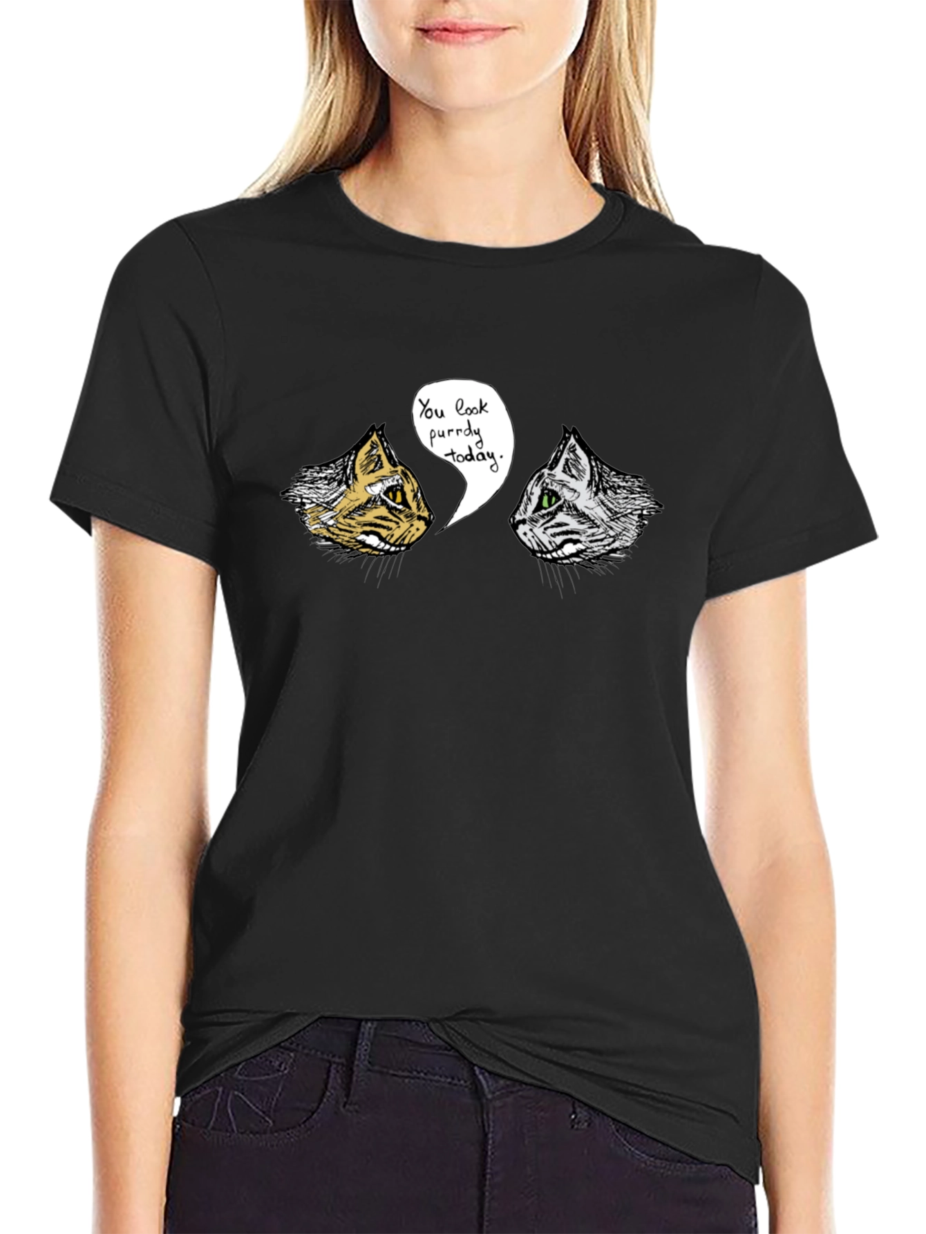 Black Purr-fectly Funny Cat Graphic T-Shirt view 2