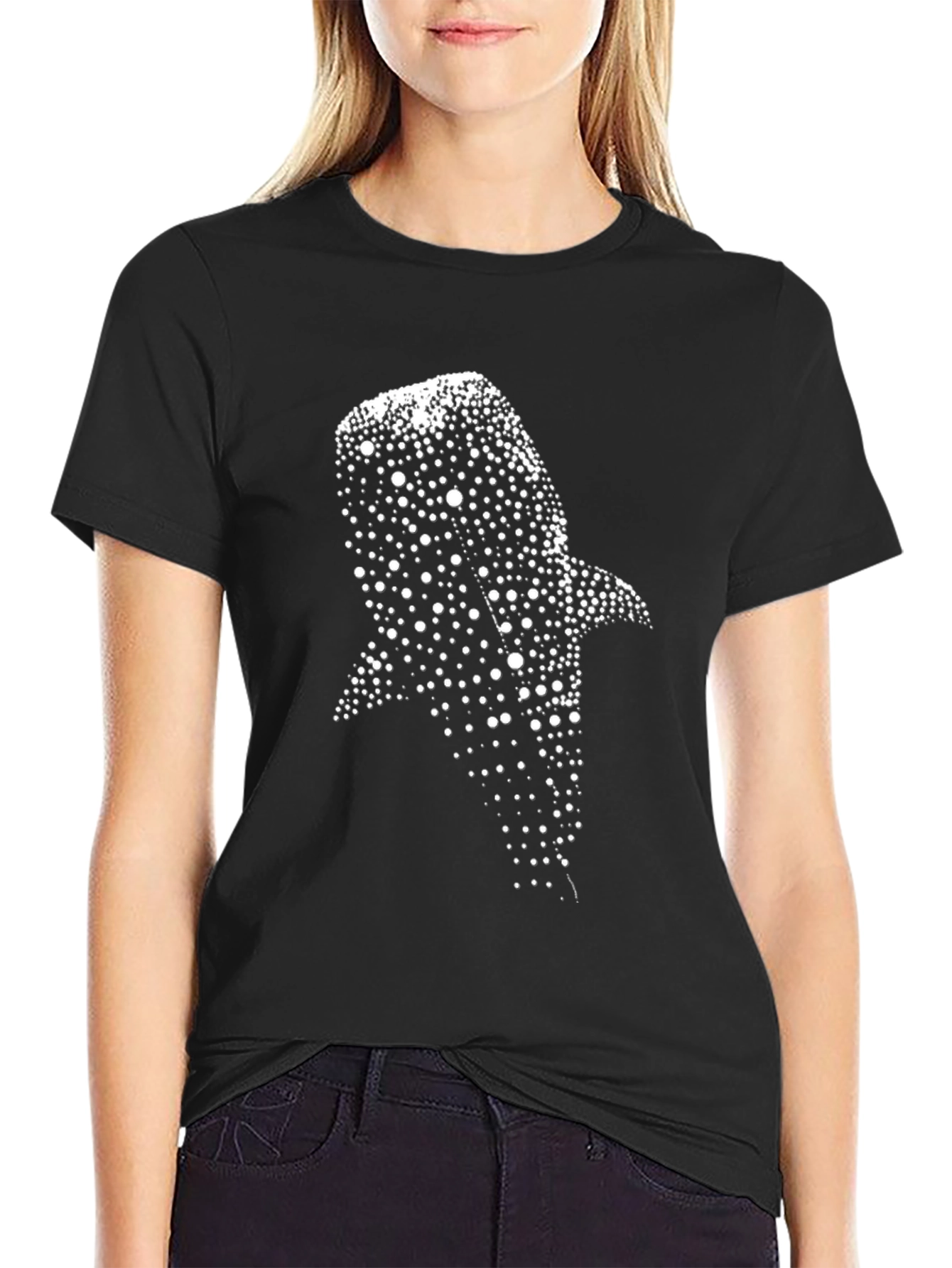 Black Whale Shark Dot Pattern Black T-Shirt view 2