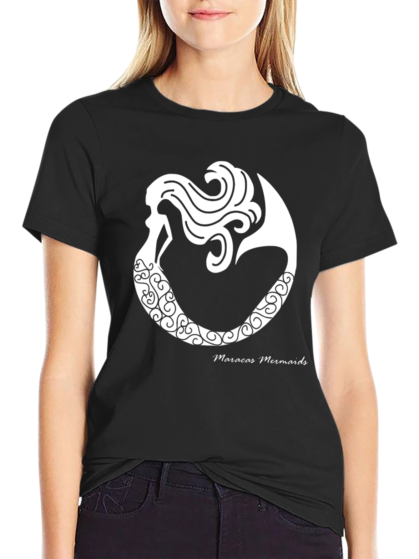 Black Maracas Mermaids Graphic Tee - Black Cotton T-Shirt view 2