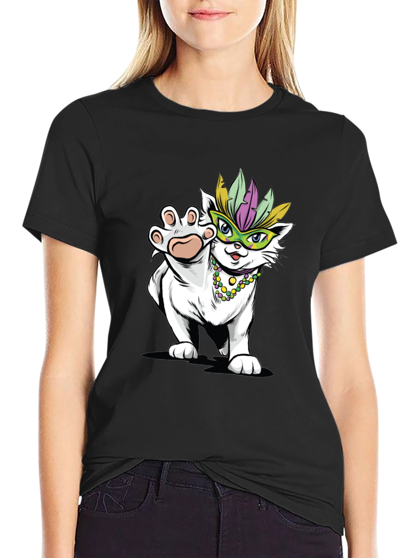 Black Mardi Gras Cat T-Shirt - Festive Party Wear view 2
