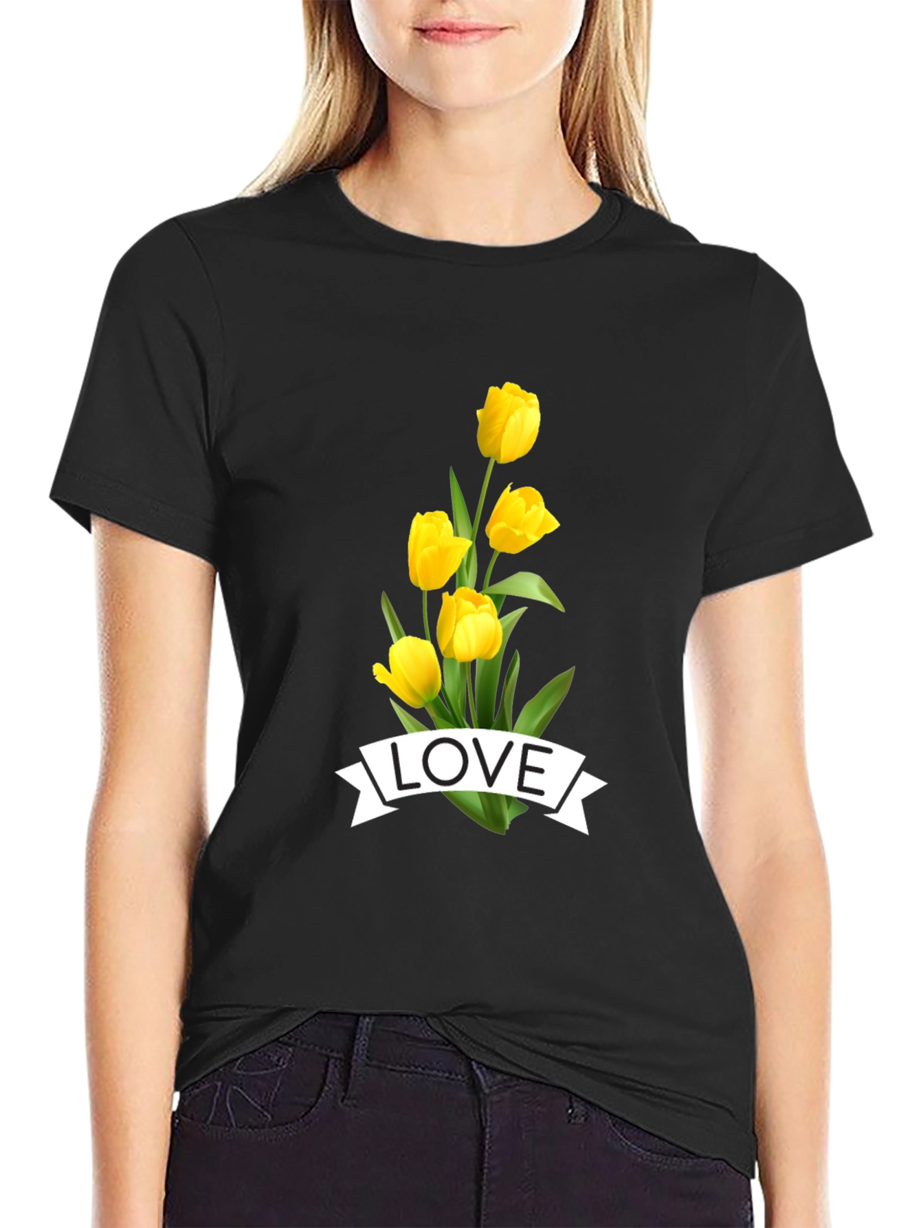 Black Love Tulips Graphic Tee - Black Cotton T-Shirt view 2