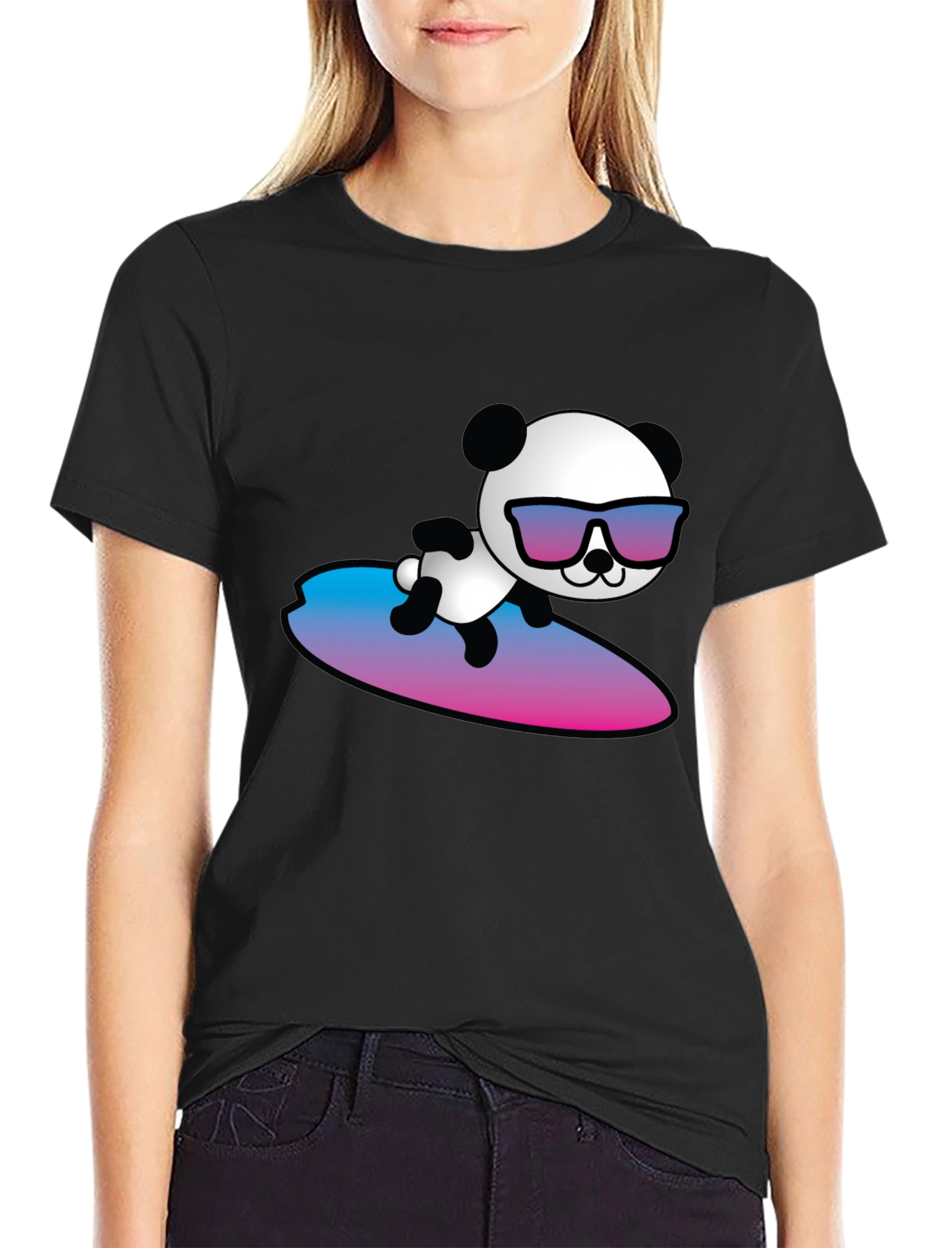 Black Surfing Panda T-Shirt - Cool Graphic Tee view 2