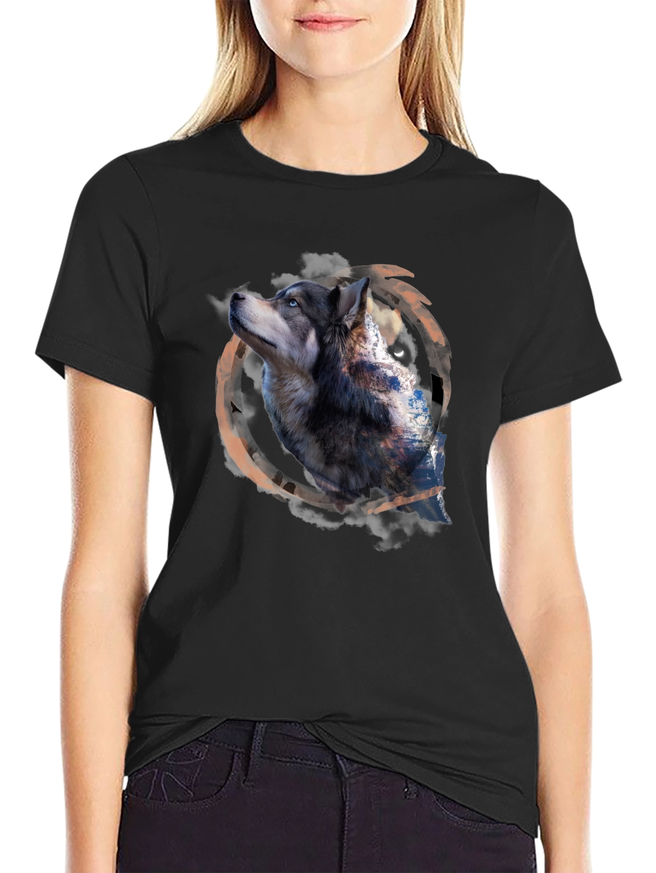 Black Wolf Graphic Print Black T-Shirt view 2