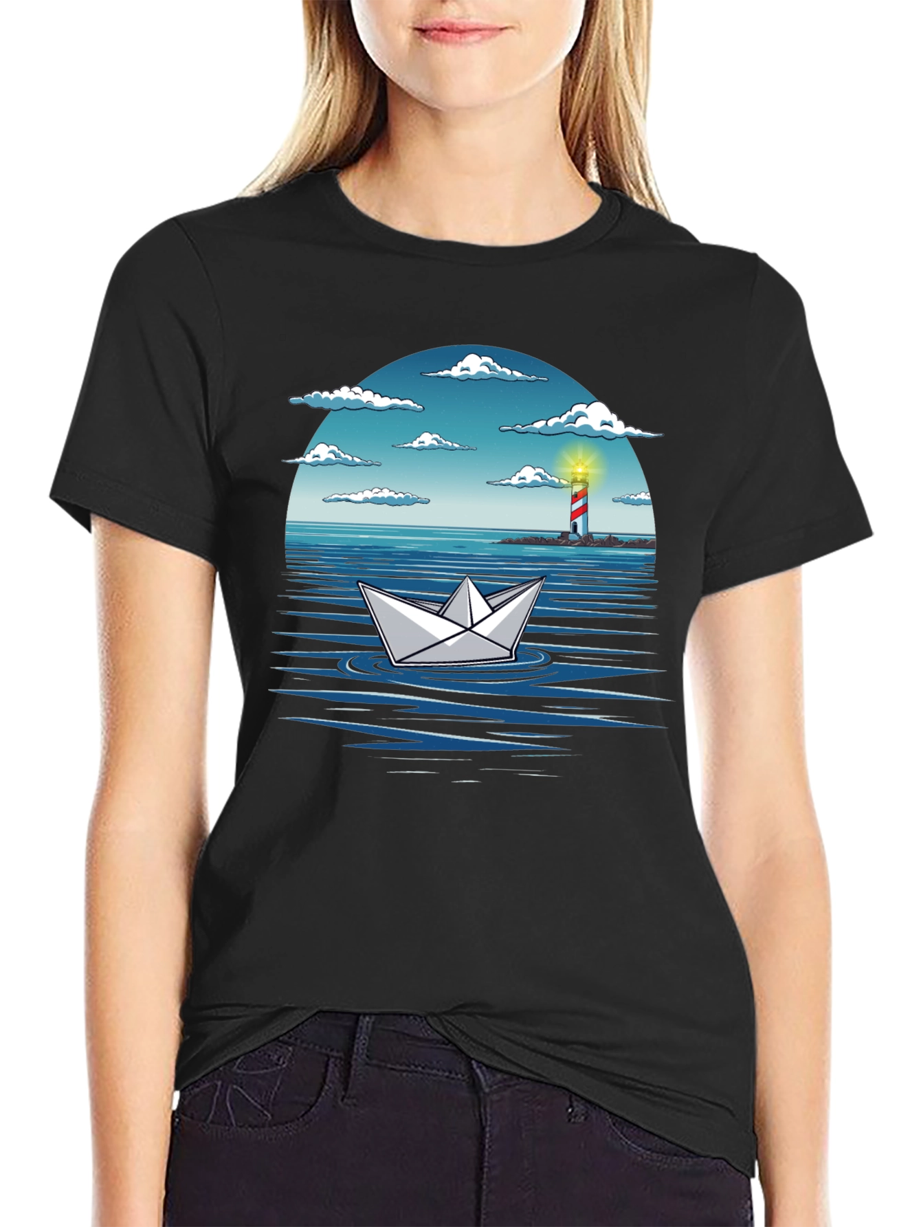 Black Paper Boat Lighthouse Graphic Tee - Nautical Adventure Shirt view 2