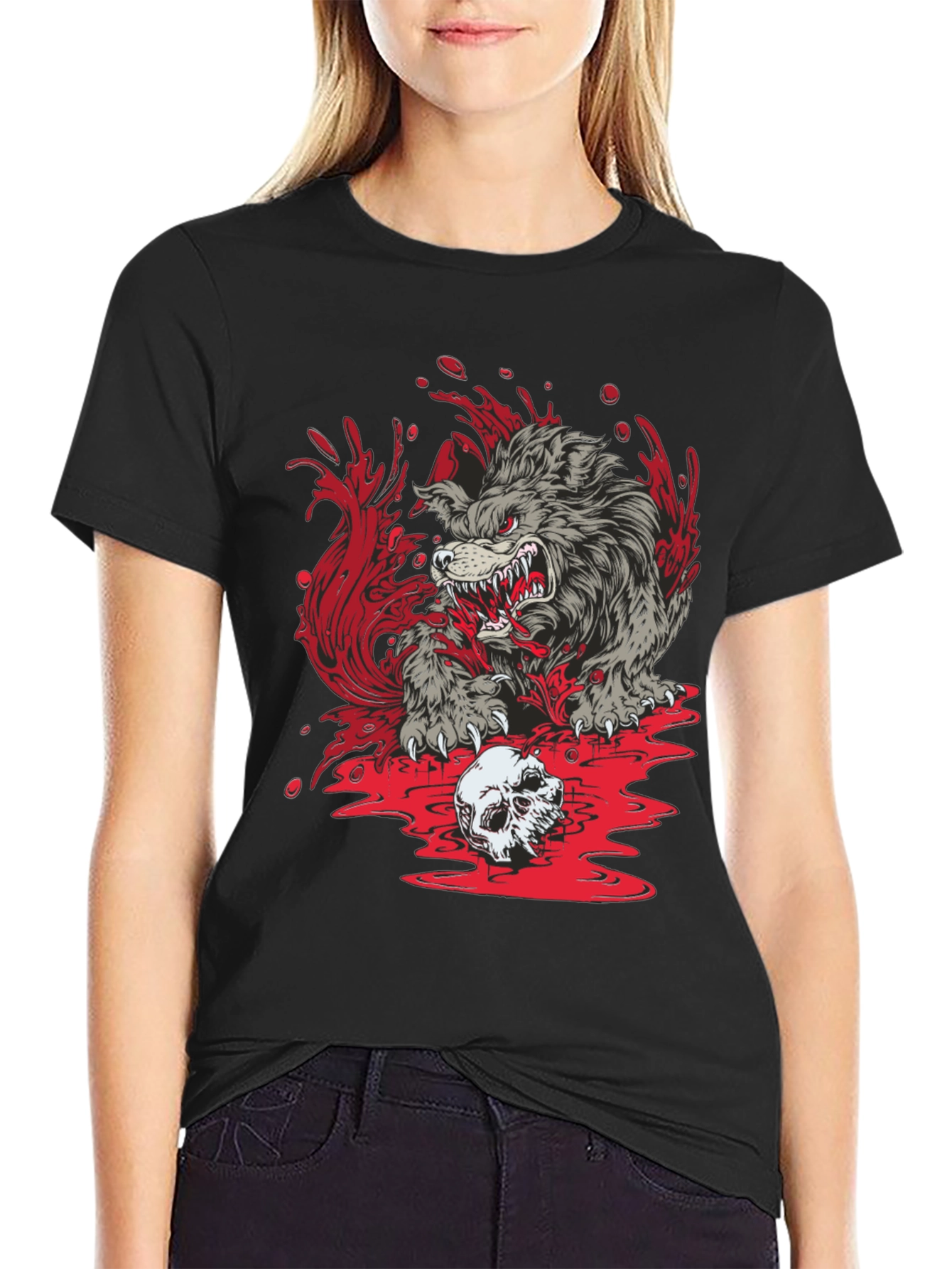 Black Wolf Skull Graphic Print Tee view 2